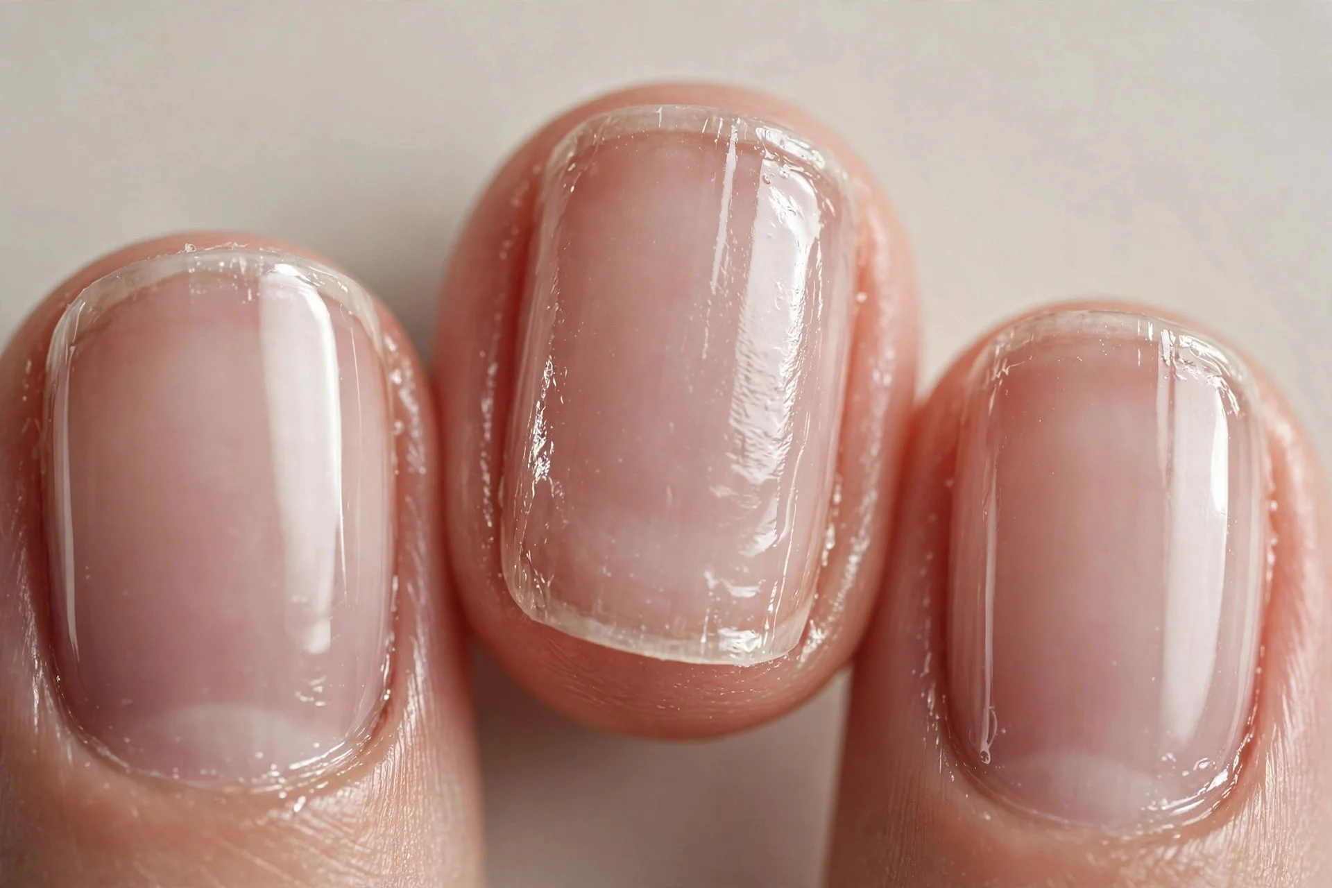 Short squoval nails with clear glossy strengthener, neutral background