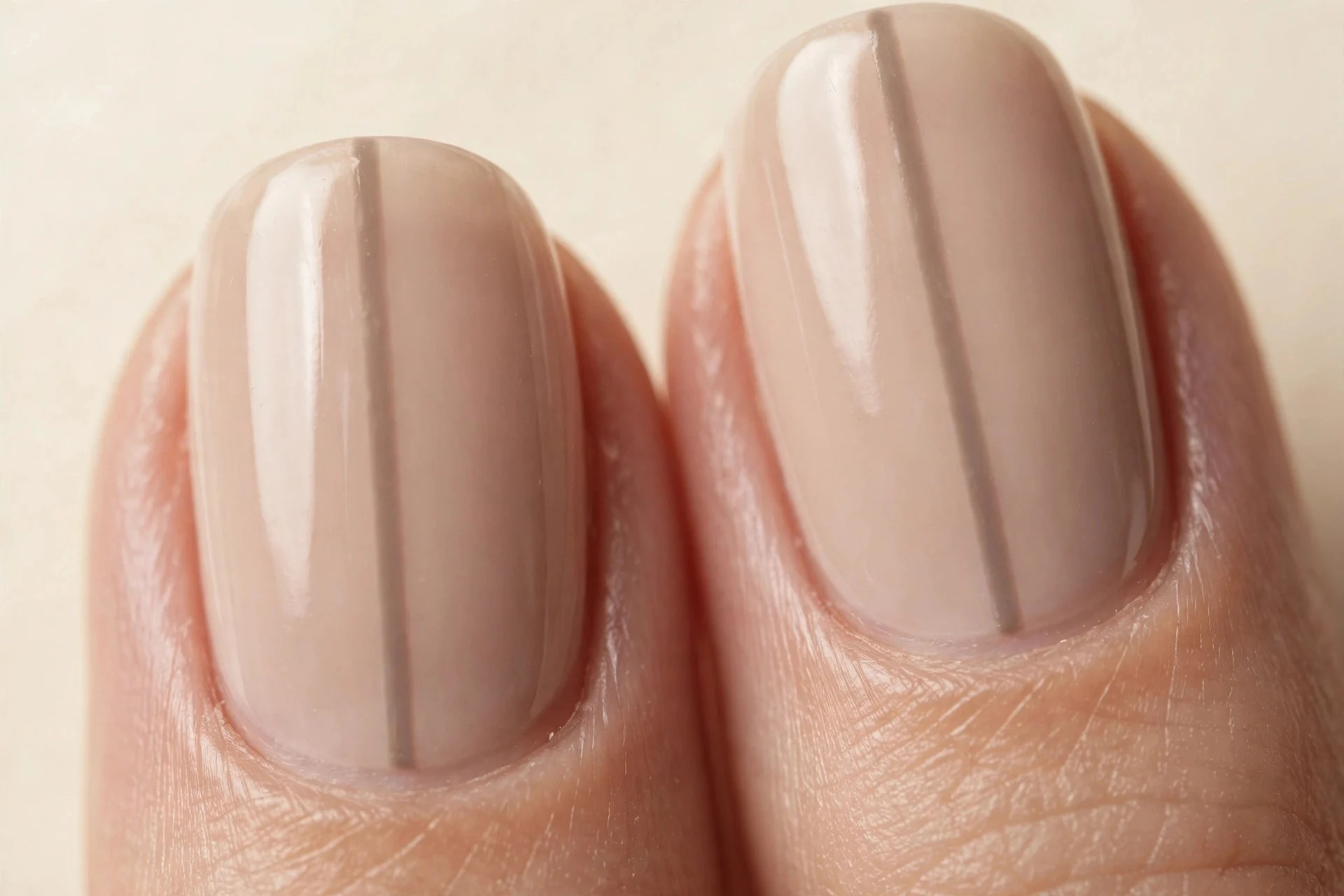 Nude nails with single thin vertical taupe stripe, cream background
