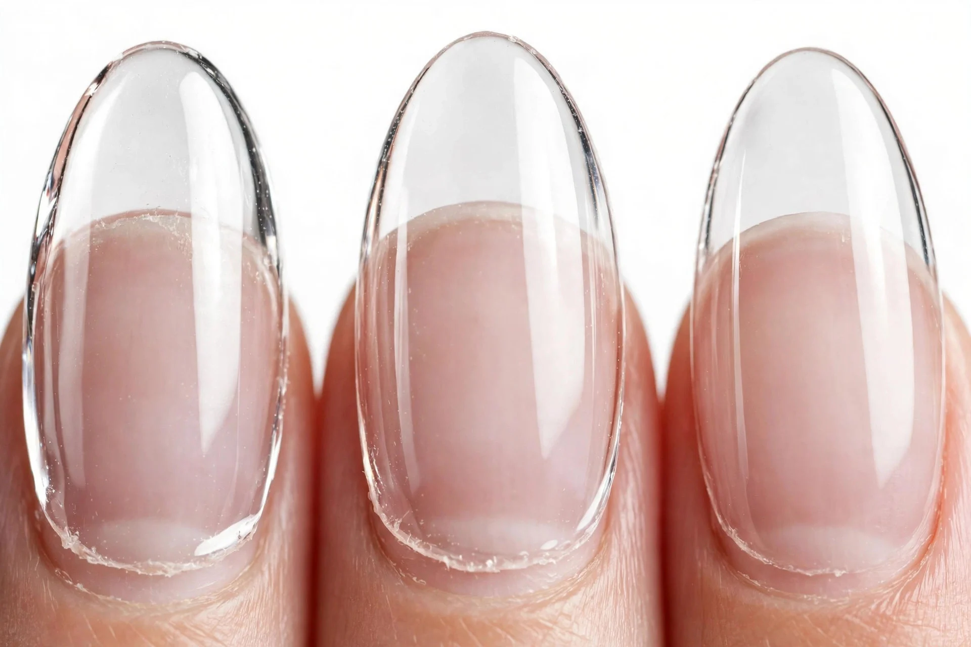Almond nails in clear glass-like builder gel, white background