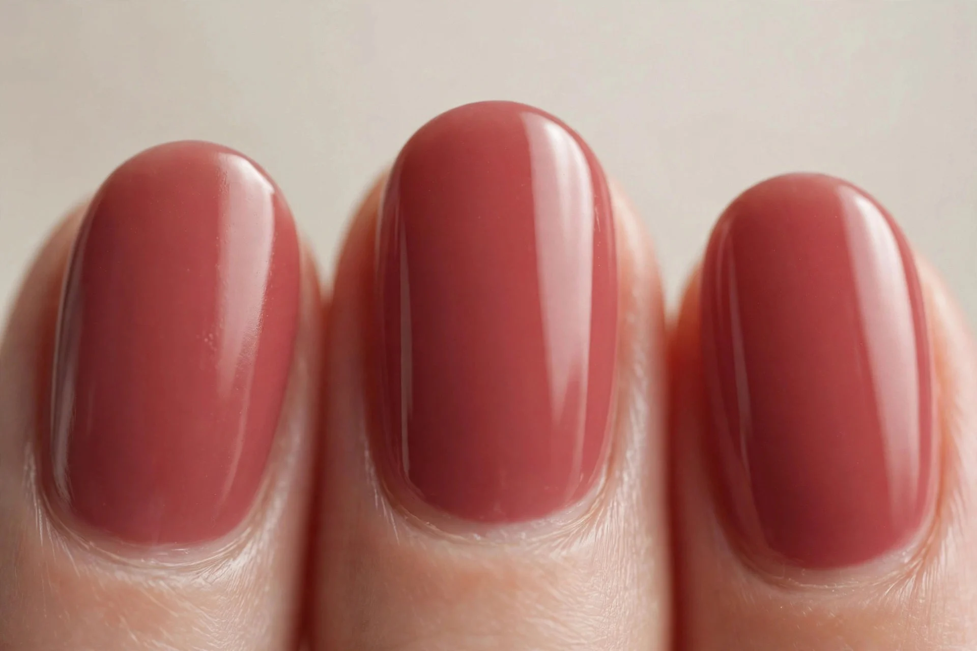 Short oval nails in muted cherry red gel, neutral background