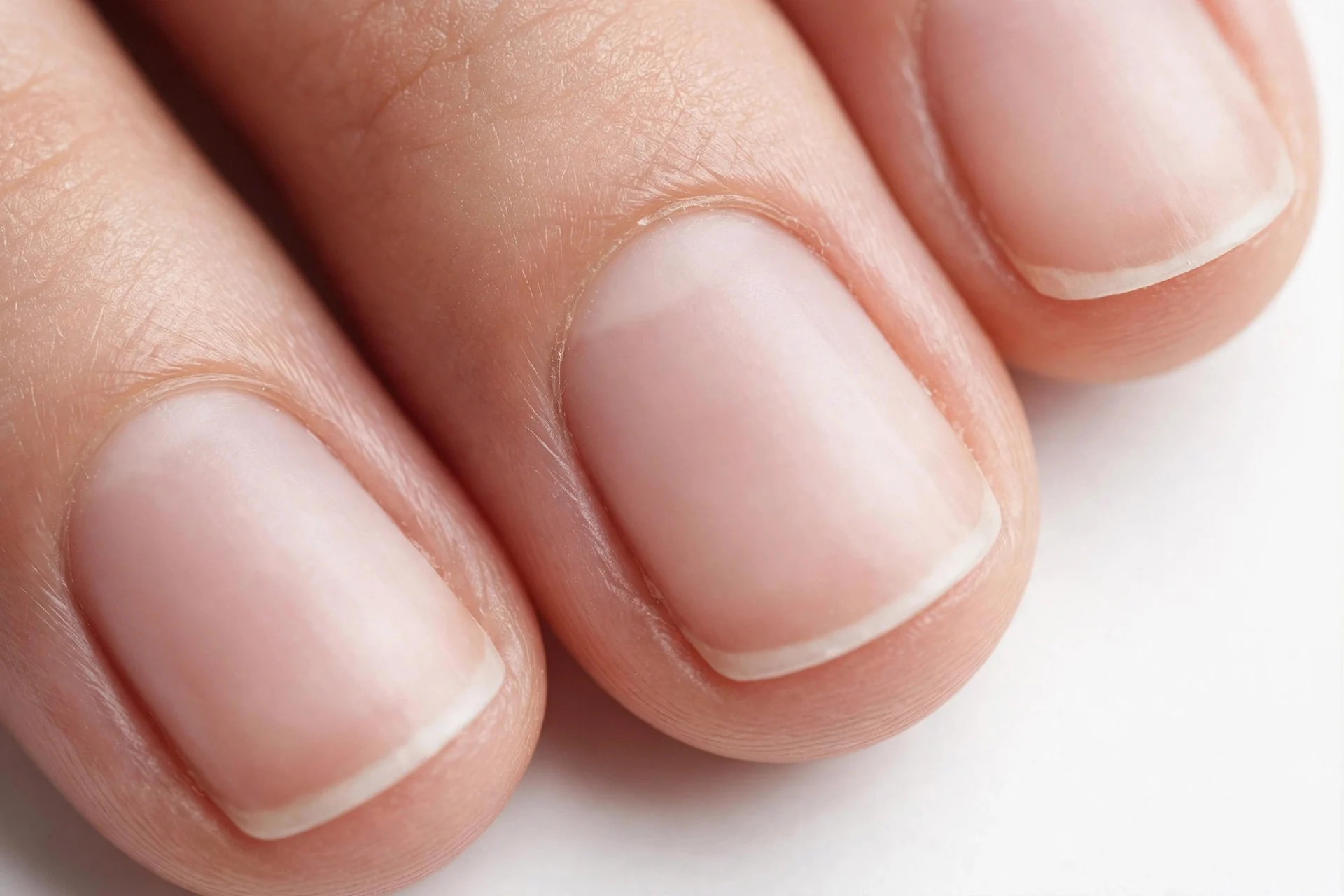 Short squoval nails with thin delicate French tips, white background