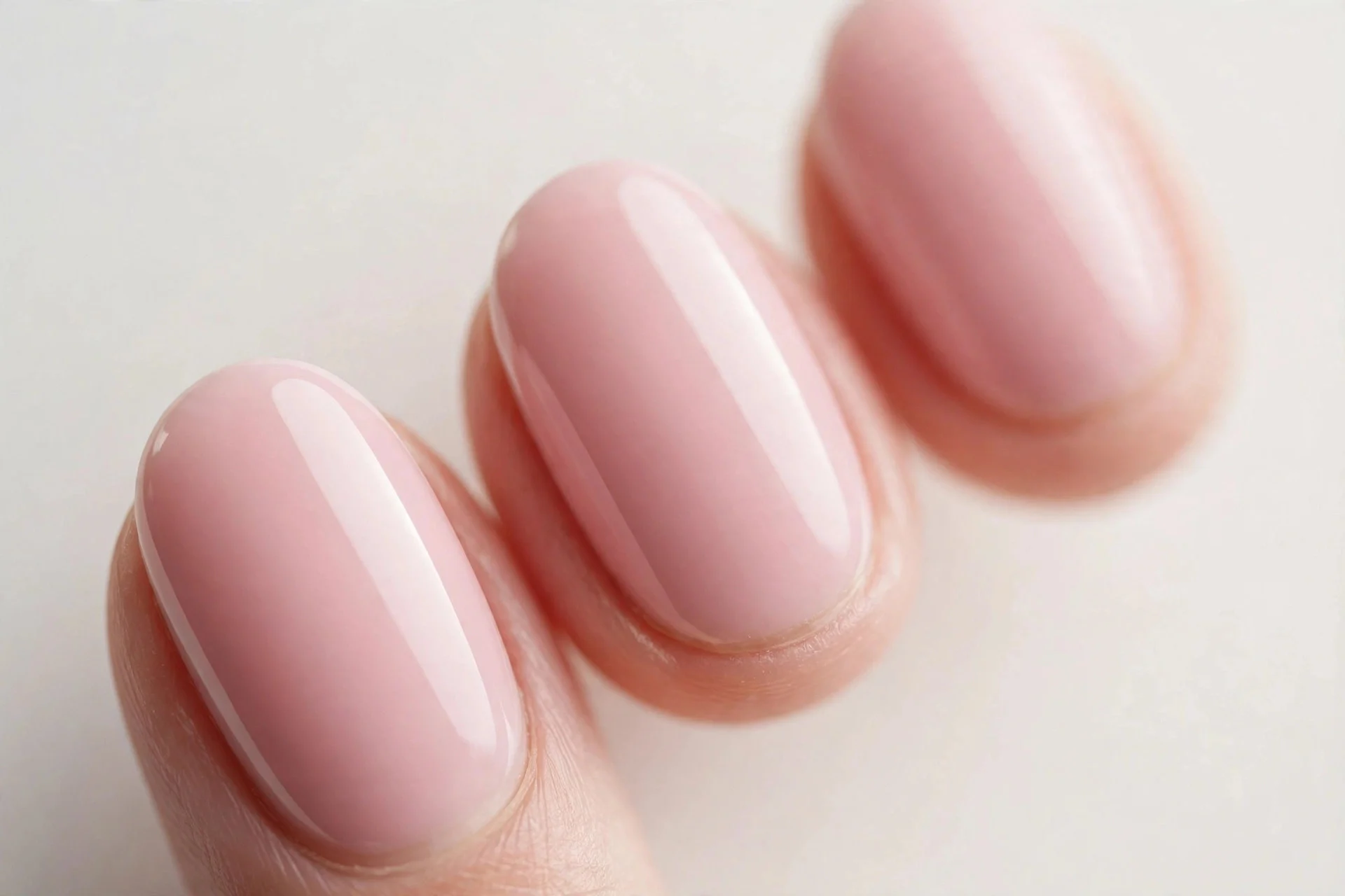 Oval nails in opaque ballet pink gel, pale background