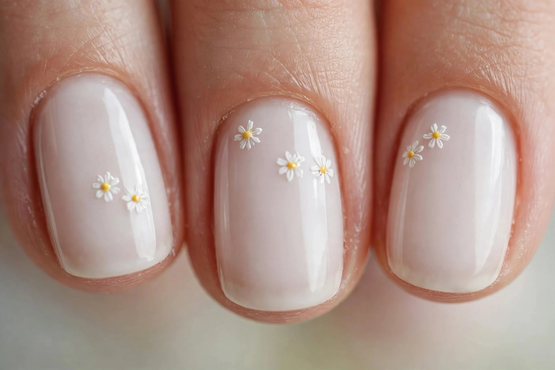 Milky white nails with tiny hand-painted daisy art, soft background