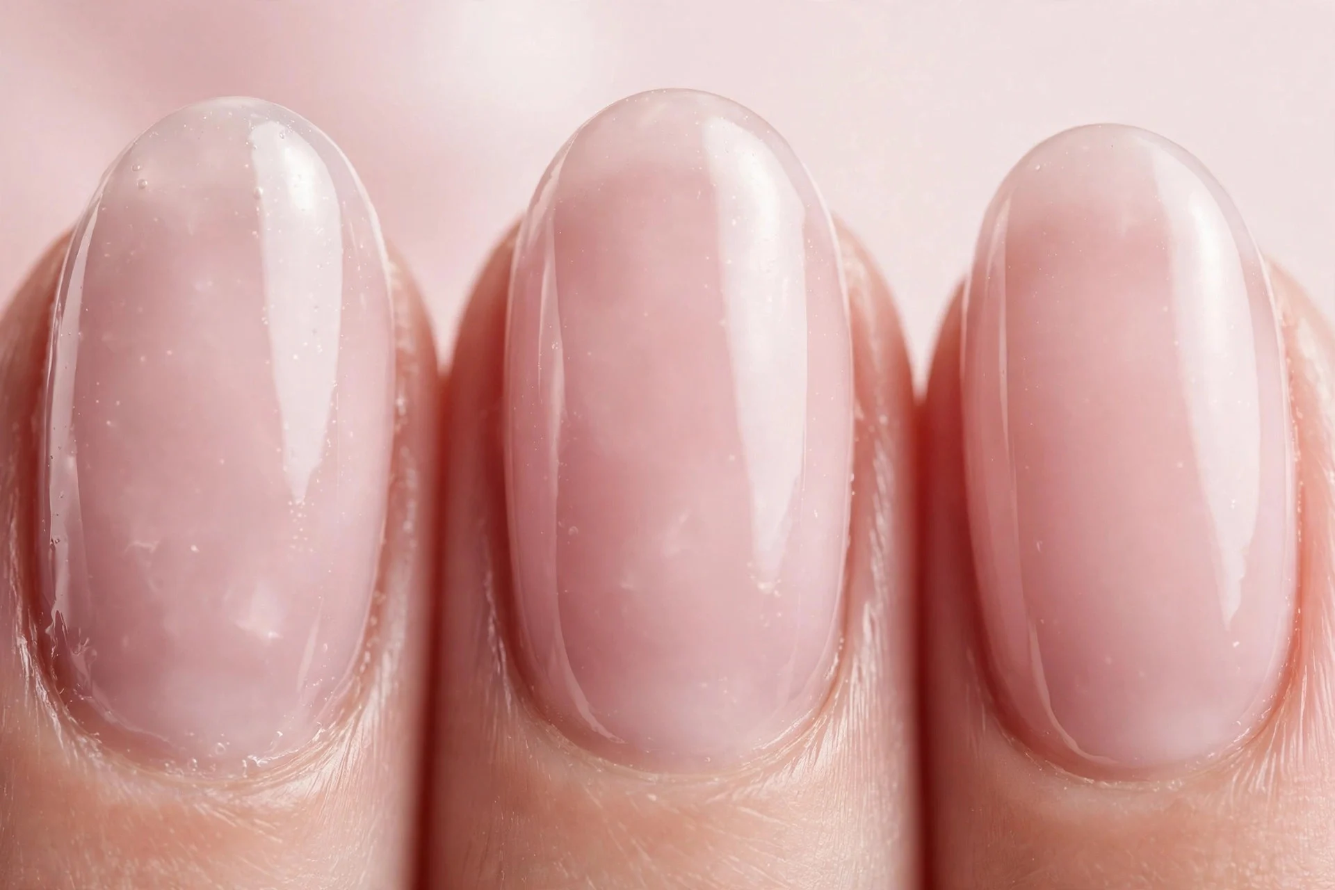 Oval nails in milky rose quartz pink gel, pale pink background