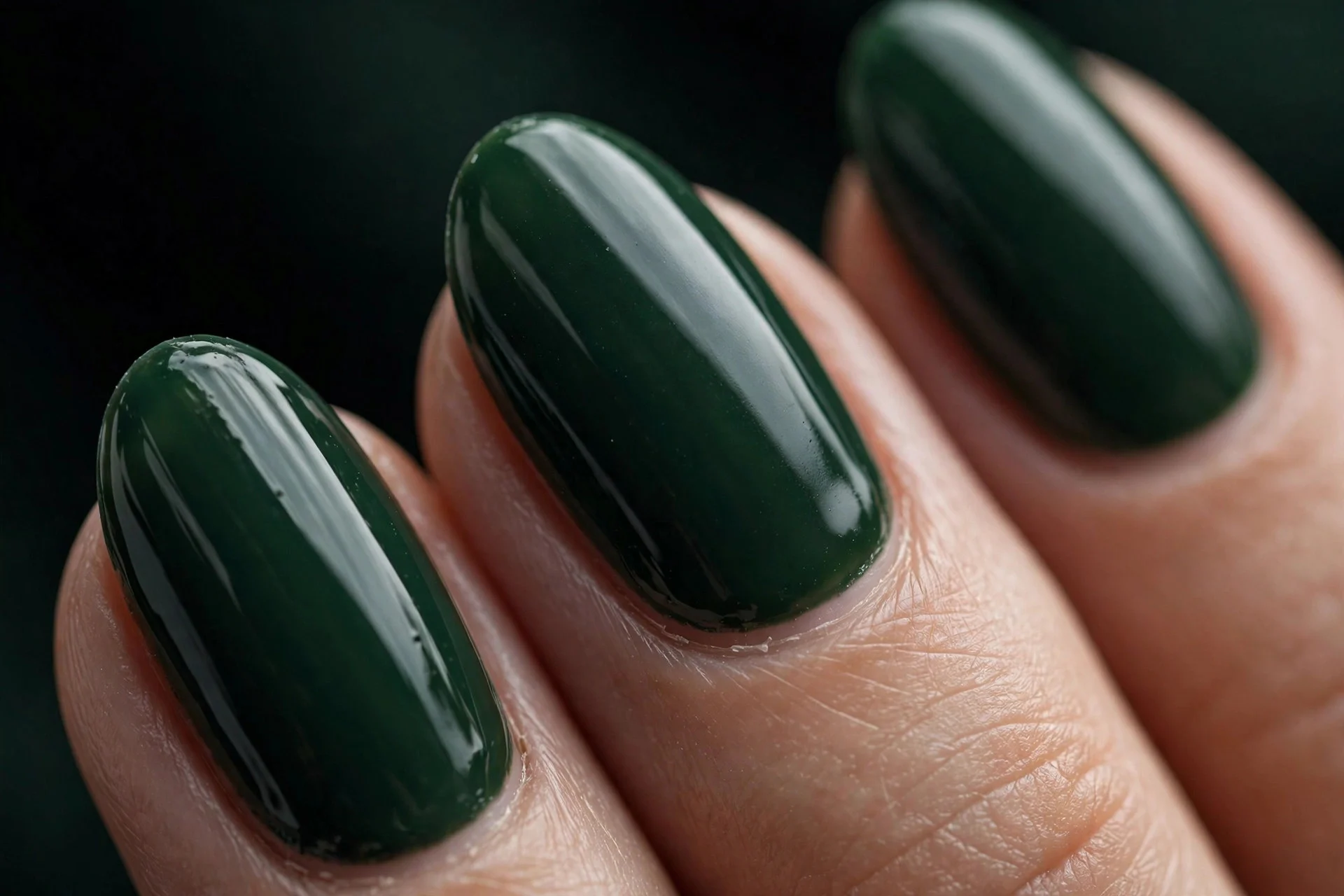 Almond nails in deep forest green gel, dark background