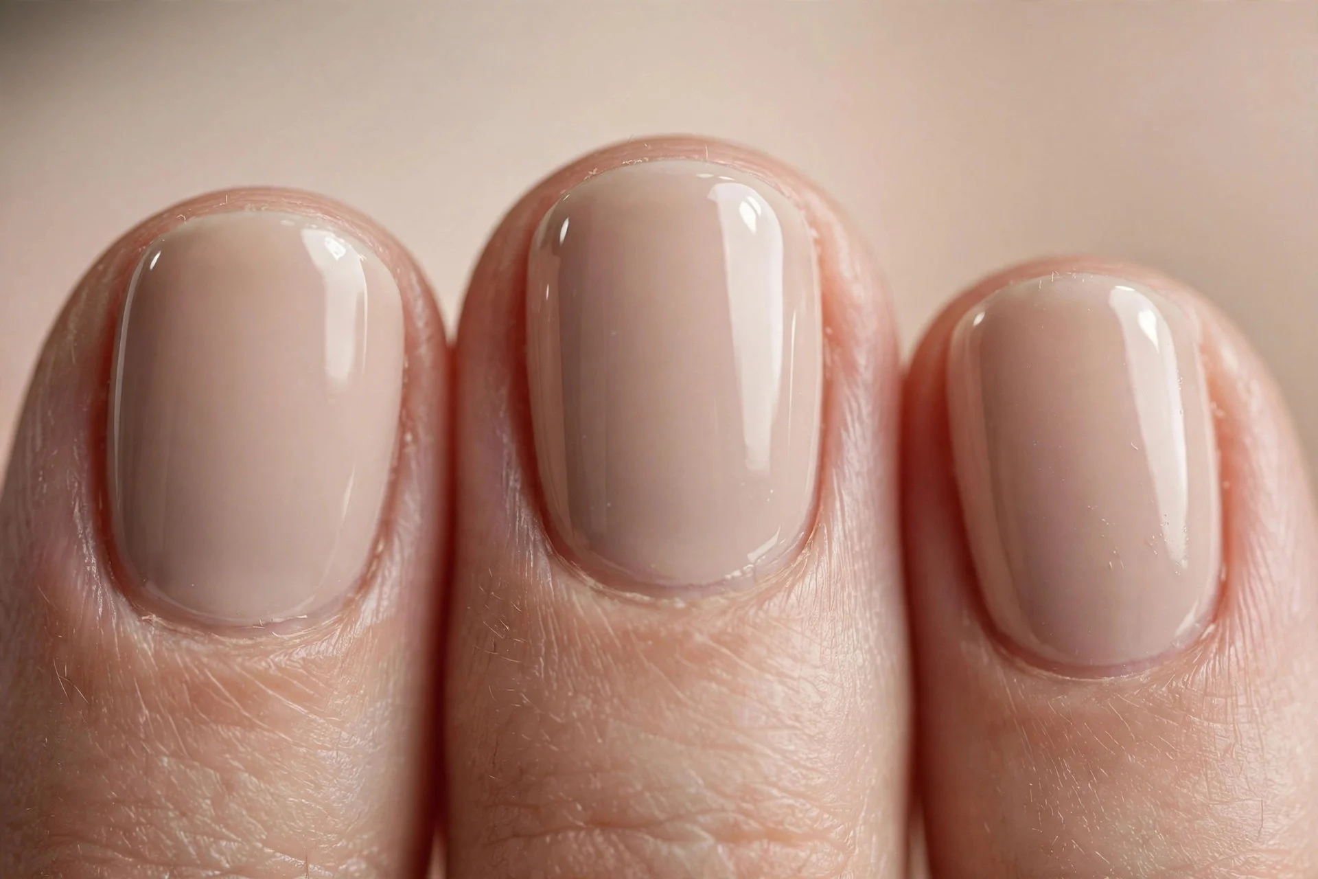 Very short rounded nails in nude gel, neutral background