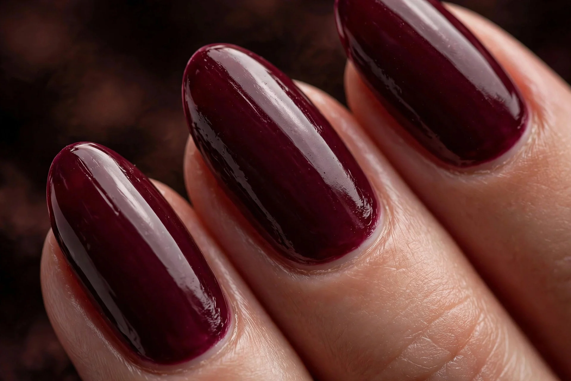Almond nails in deep burgundy wine gel, warm dark background