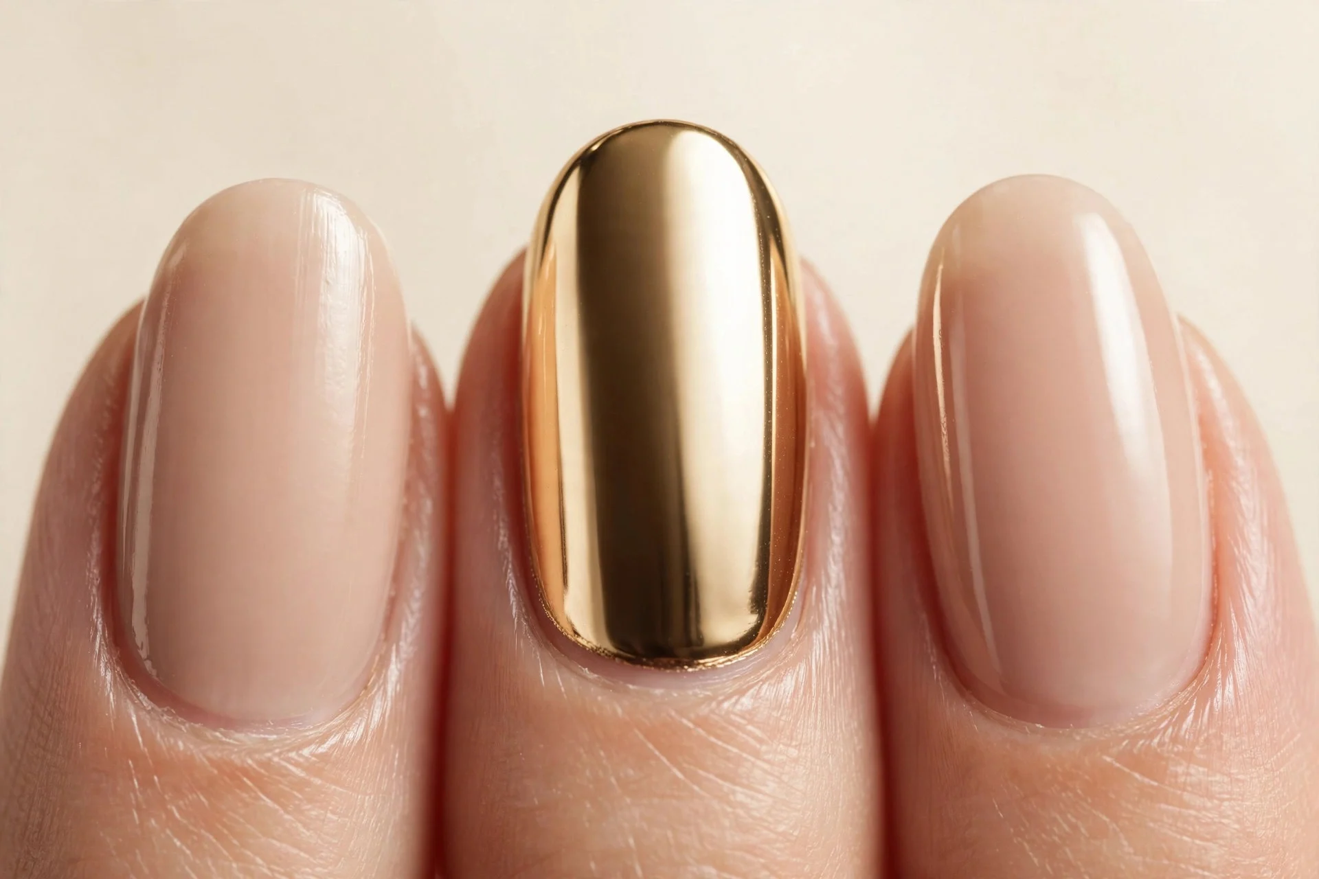 Nude nails with gold chrome accent nails, cream background
