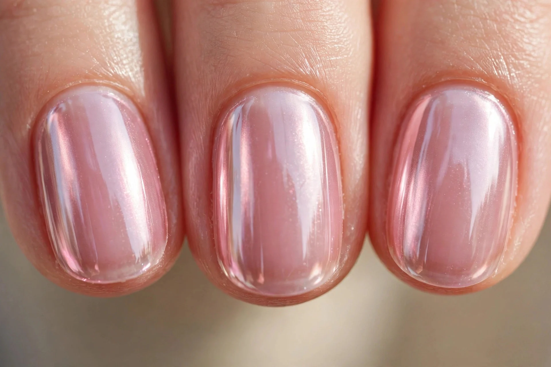 Extreme macro of three short oval fingernails in sheer jelly pink chrome, glassy finish, soft daylight