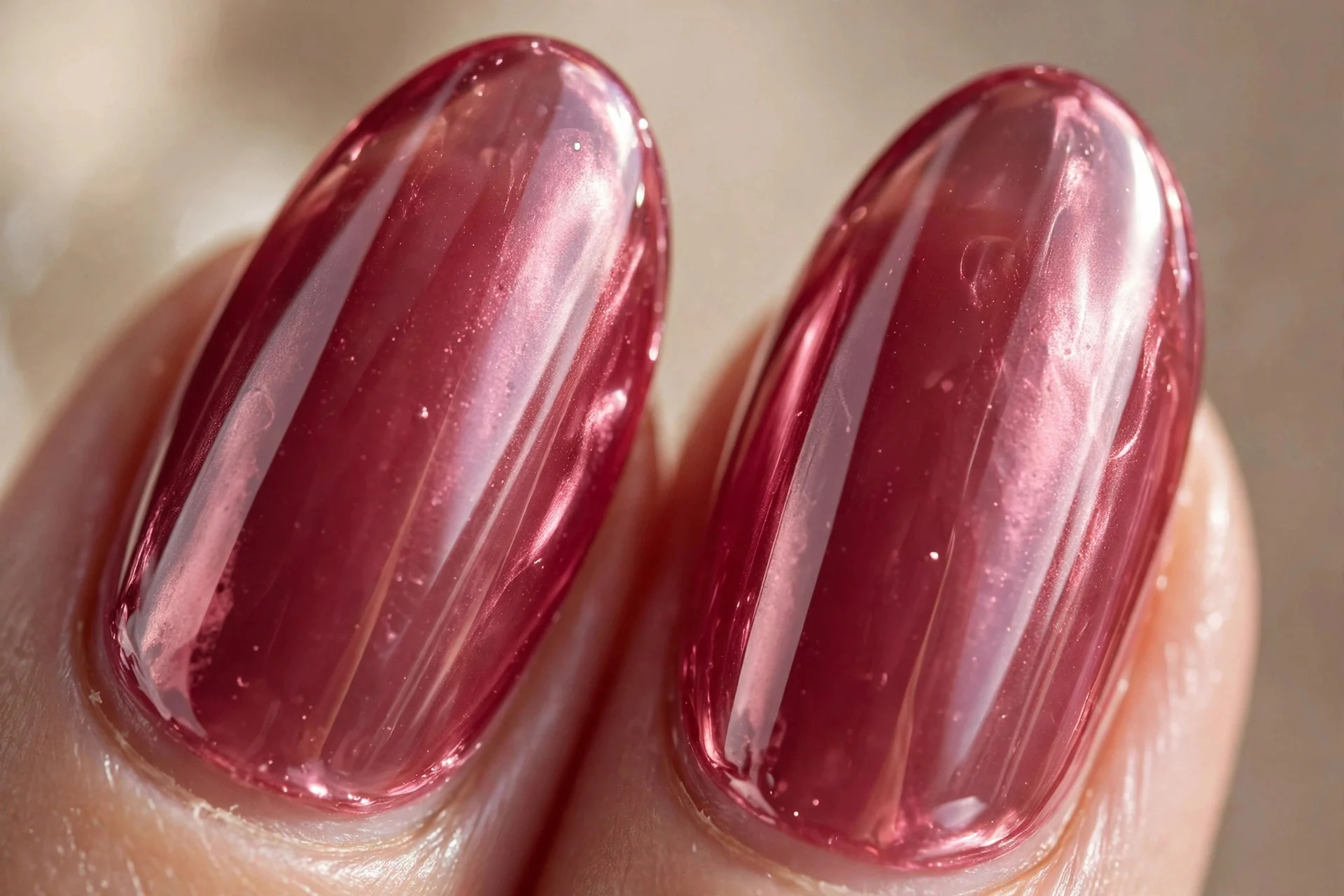 Extreme macro of two almond fingernails in deep rose jelly chrome, rich translucent pink, blurred beige background