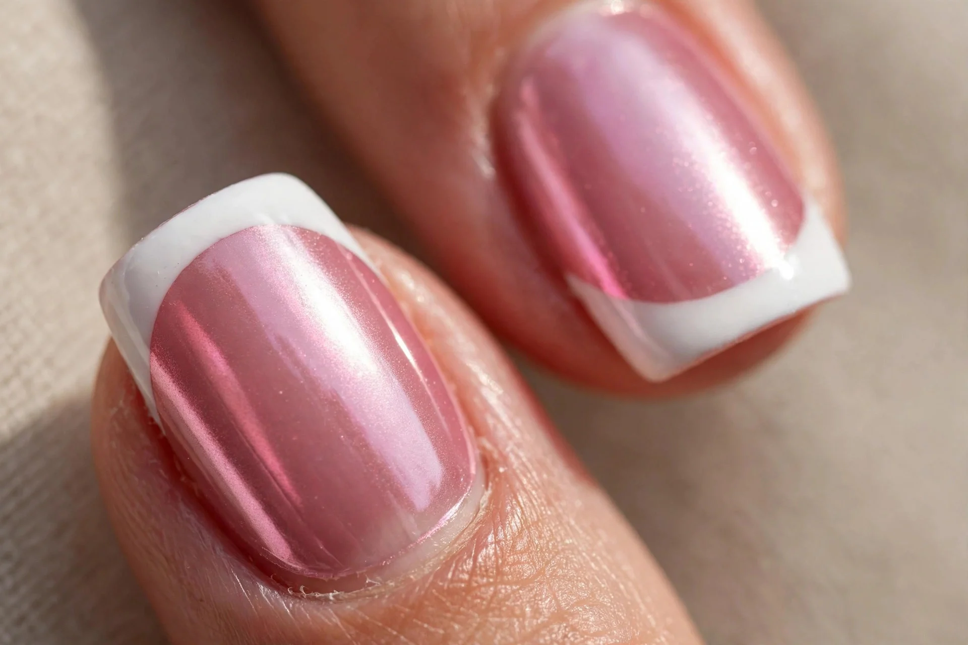 Extreme macro of two fingernails with jelly pink chrome base and white French tips, crisp smile line
