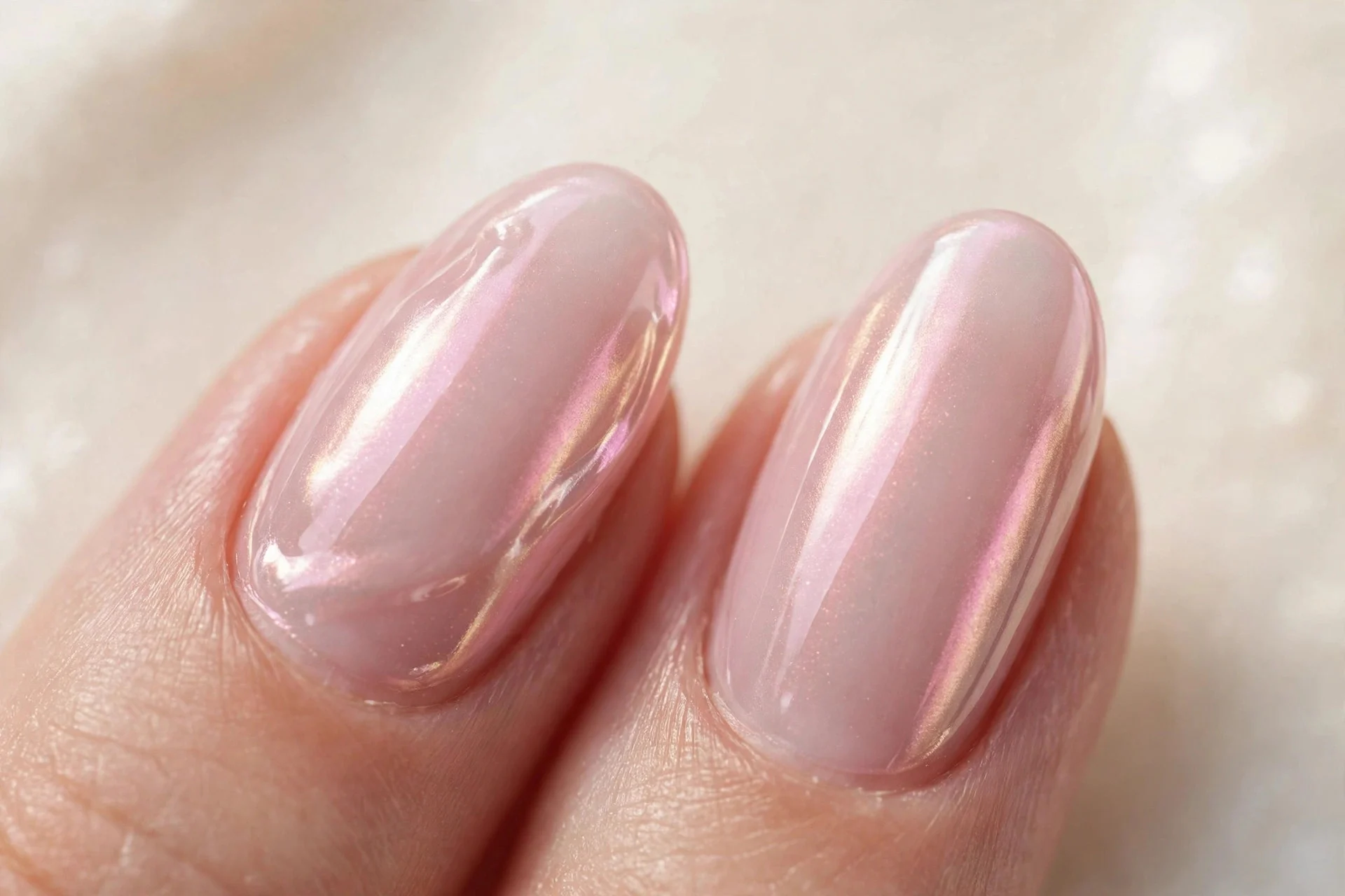 Extreme macro of two fingernails in milky pink jelly chrome, soft diffused glow, cream background