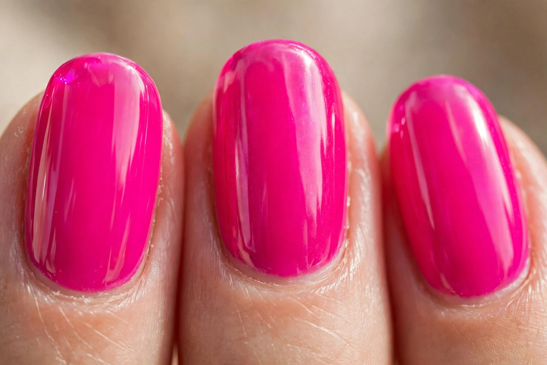 Extreme macro of three fingernails in vivid hot pink jelly chrome, high shine, soft daylight
