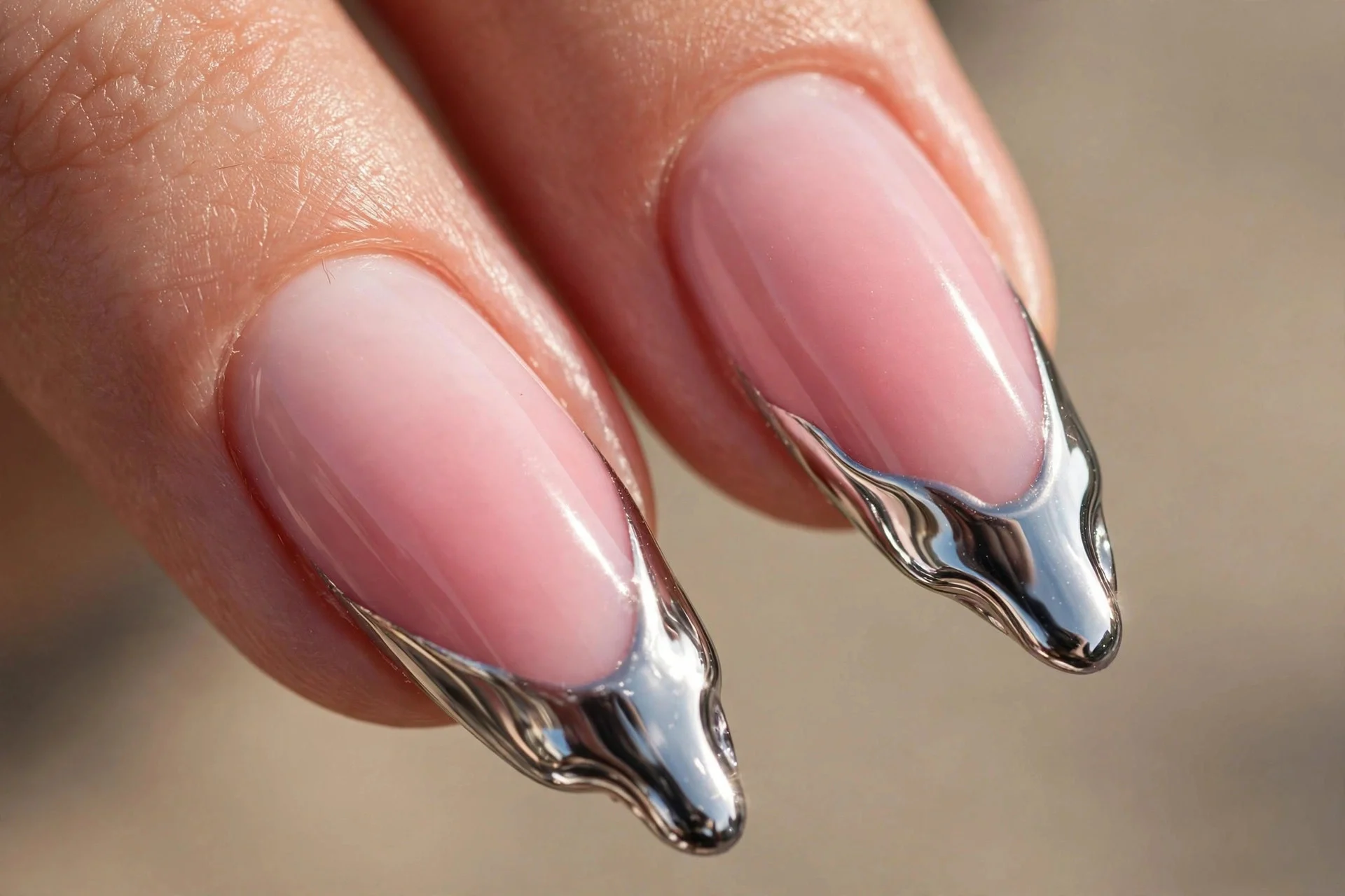 Extreme macro of two long almond fingernails with pink ombr&eacute; melting into chrome tips