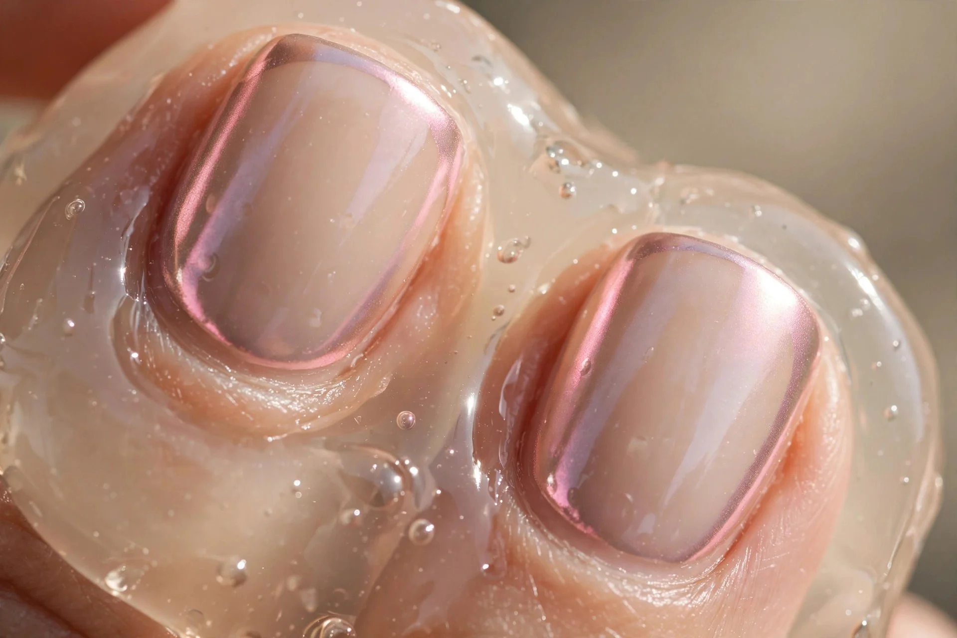 Extreme macro of two fingernails in nude jelly with subtle pink chrome glow, natural daylight