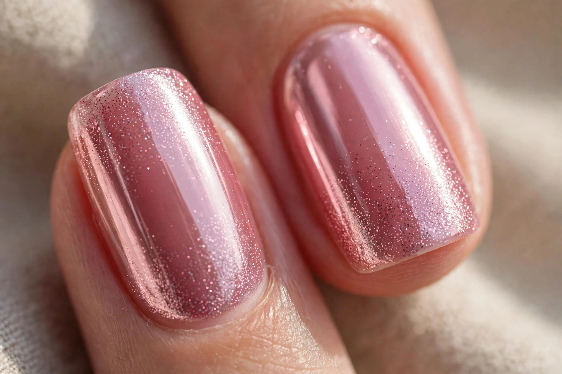 Extreme macro of two fingernails in jelly pink chrome with fine glitter fading from the tips