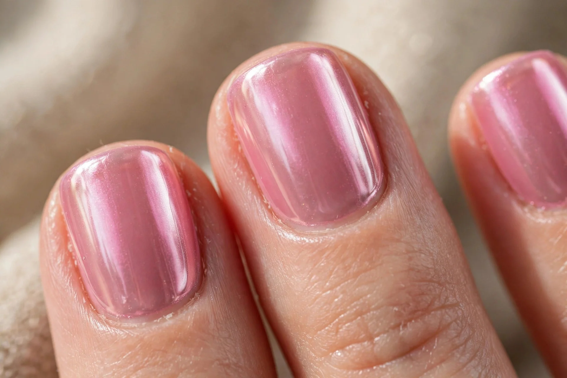 Extreme macro of three short squoval fingernails in jelly pink chrome, neat cuticles