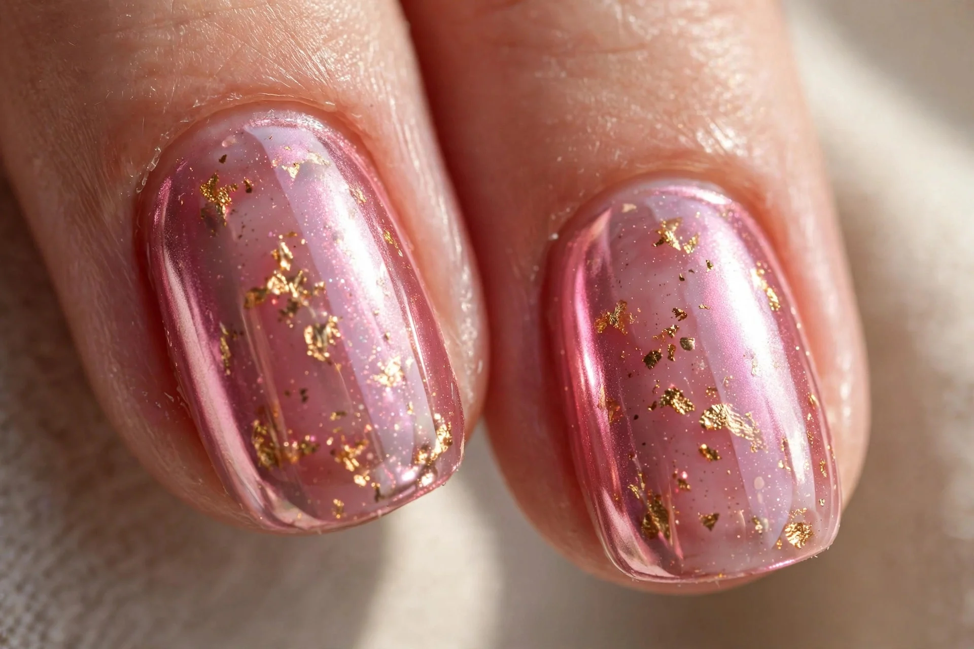 Extreme macro of two fingernails in jelly pink chrome with gold foil flakes suspended beneath the shine