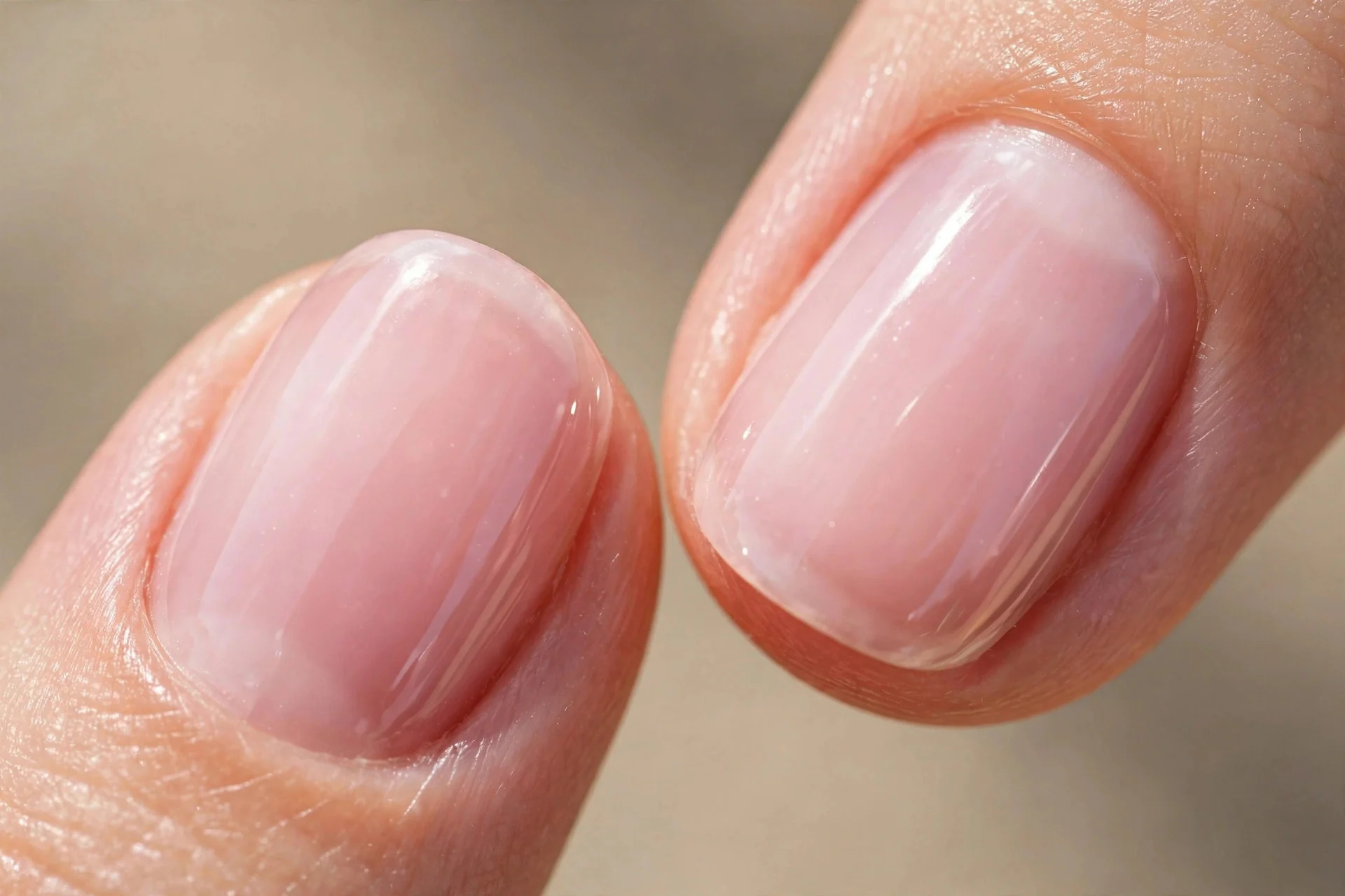 Extreme macro of two fingernails in sheer baby pink jelly chrome, delicate translucent finish