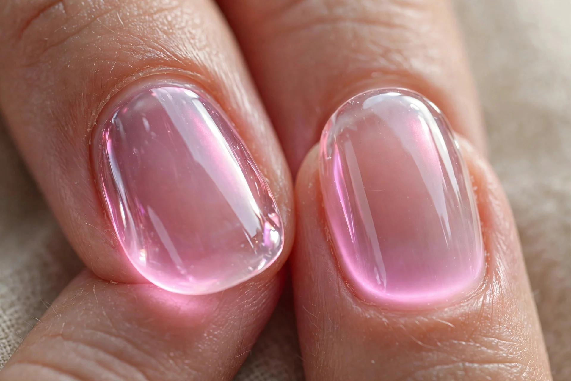 Extreme macro of two fingernails with pink aura effect glowing under jelly chrome