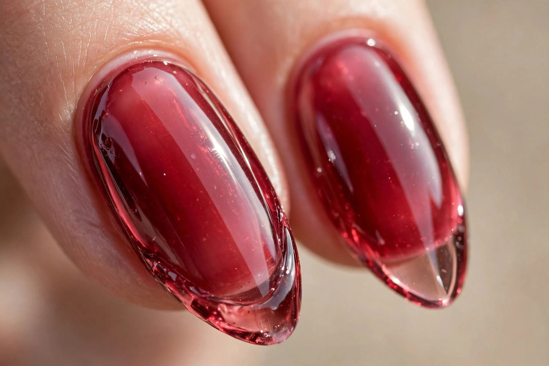 Extreme macro of two almond fingernails in dark cherry jelly chrome, vampy translucent red-pink