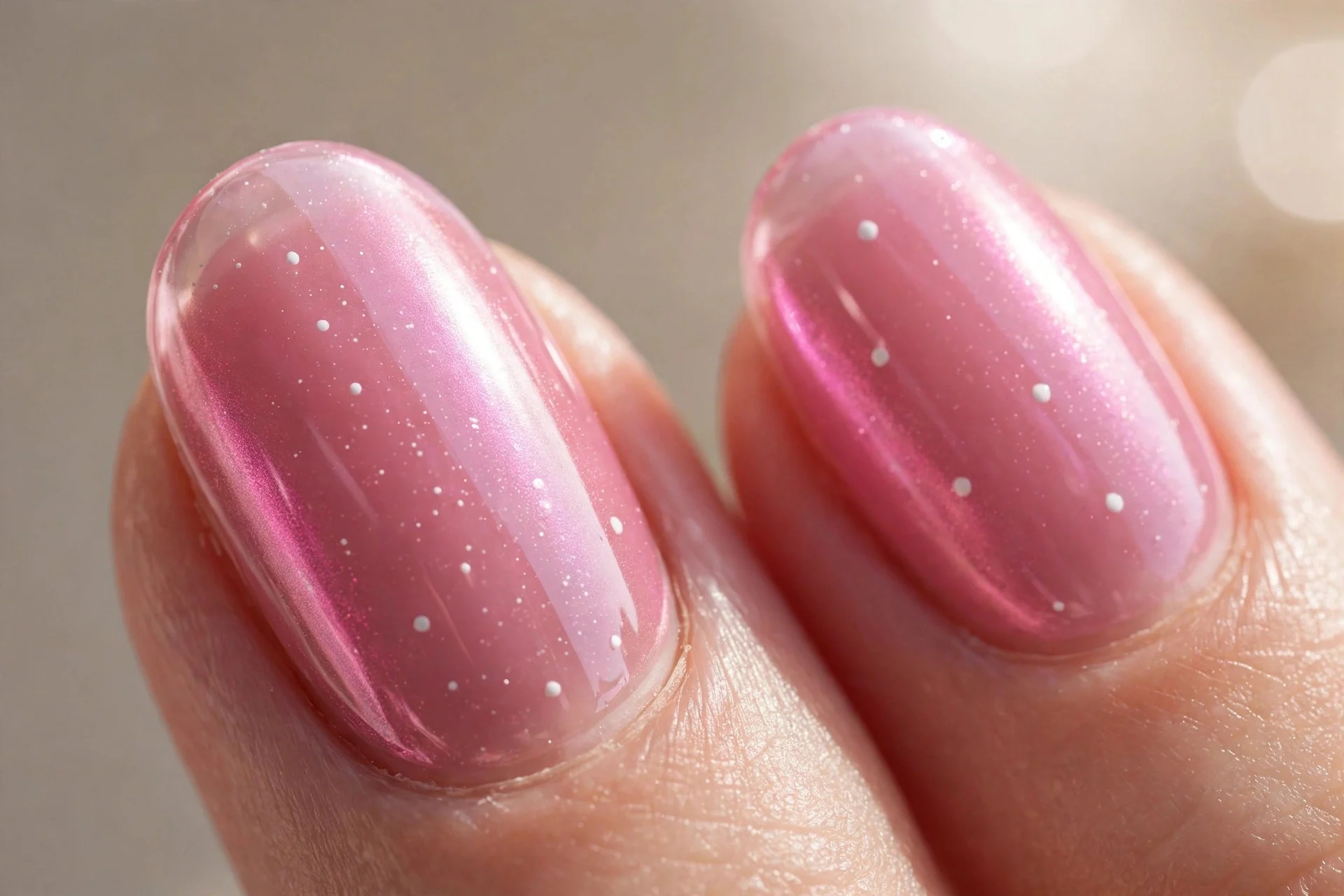 Extreme macro of two fingernails in jelly pink chrome with tiny white dot accents