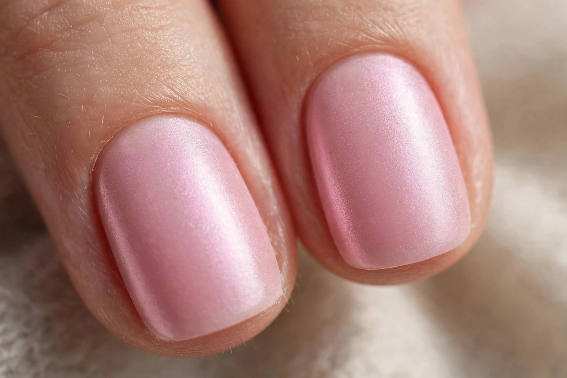 Extreme macro of two fingernails in jelly pink chrome with velvety matte finish, soft light