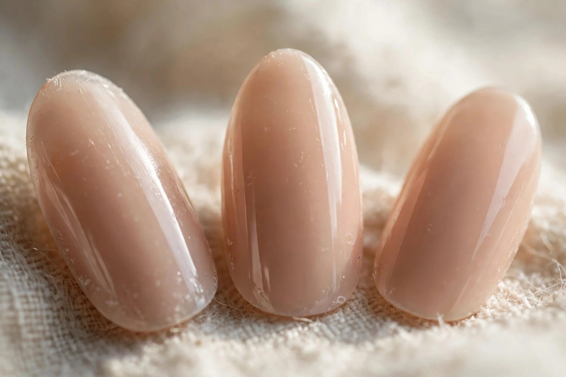 Nude almond press-on nails, natural glossy finish
