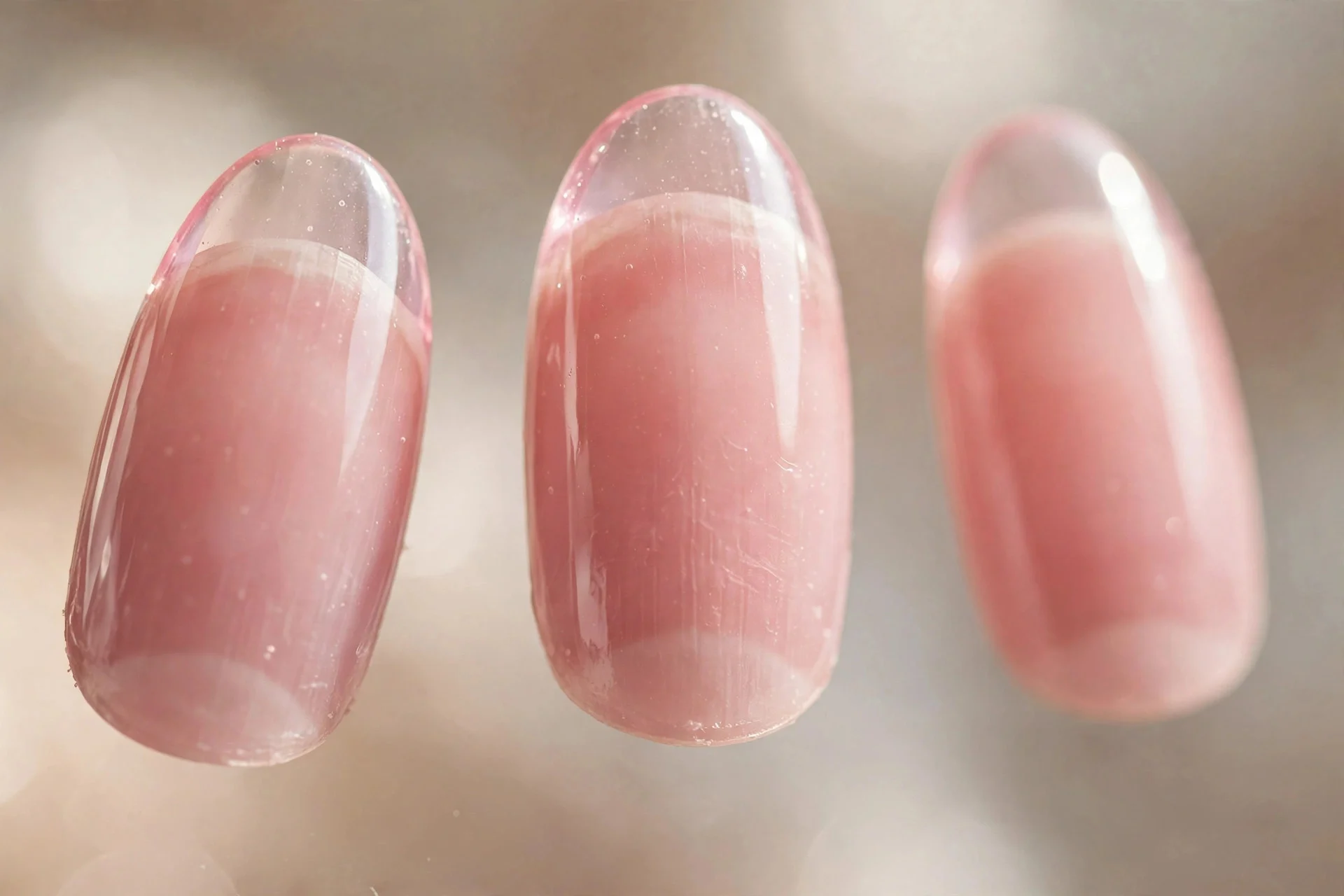 Sheer pink builder gel overlay on natural nails, medium almond