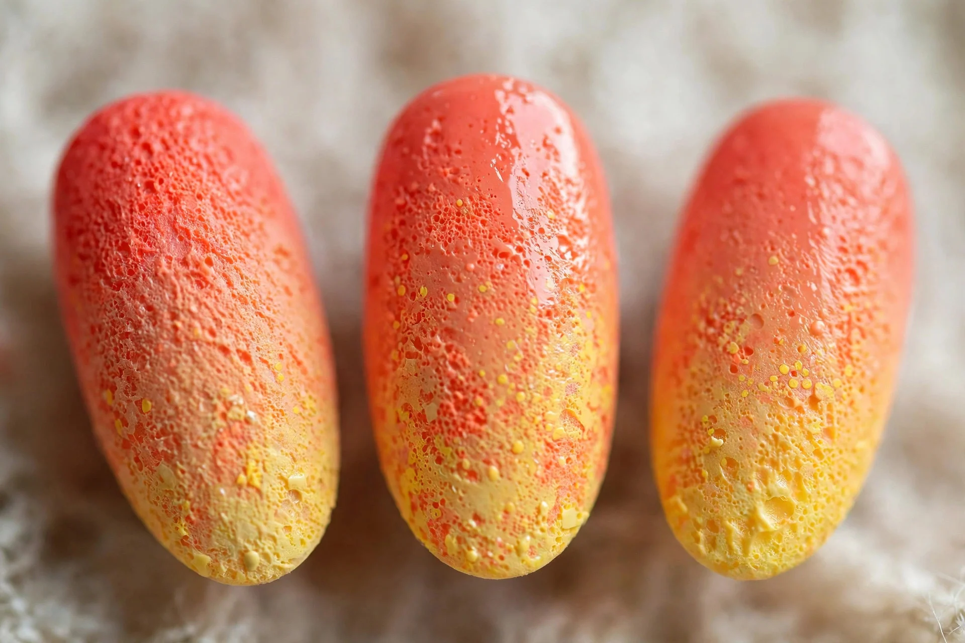 Coral to yellow sponge ombré, almond nails