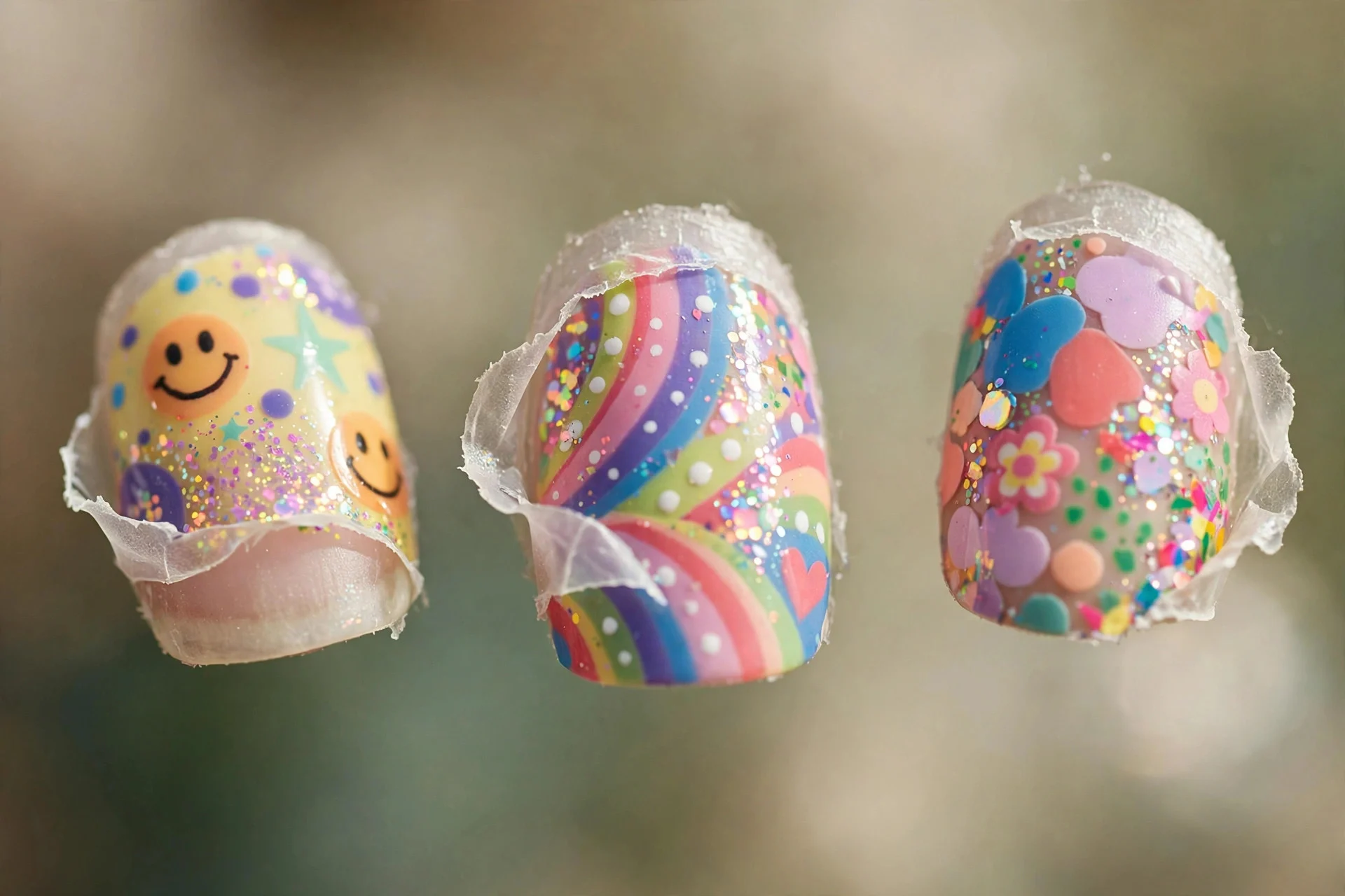Colourful nail art over a peel-off base, playful multicolour design