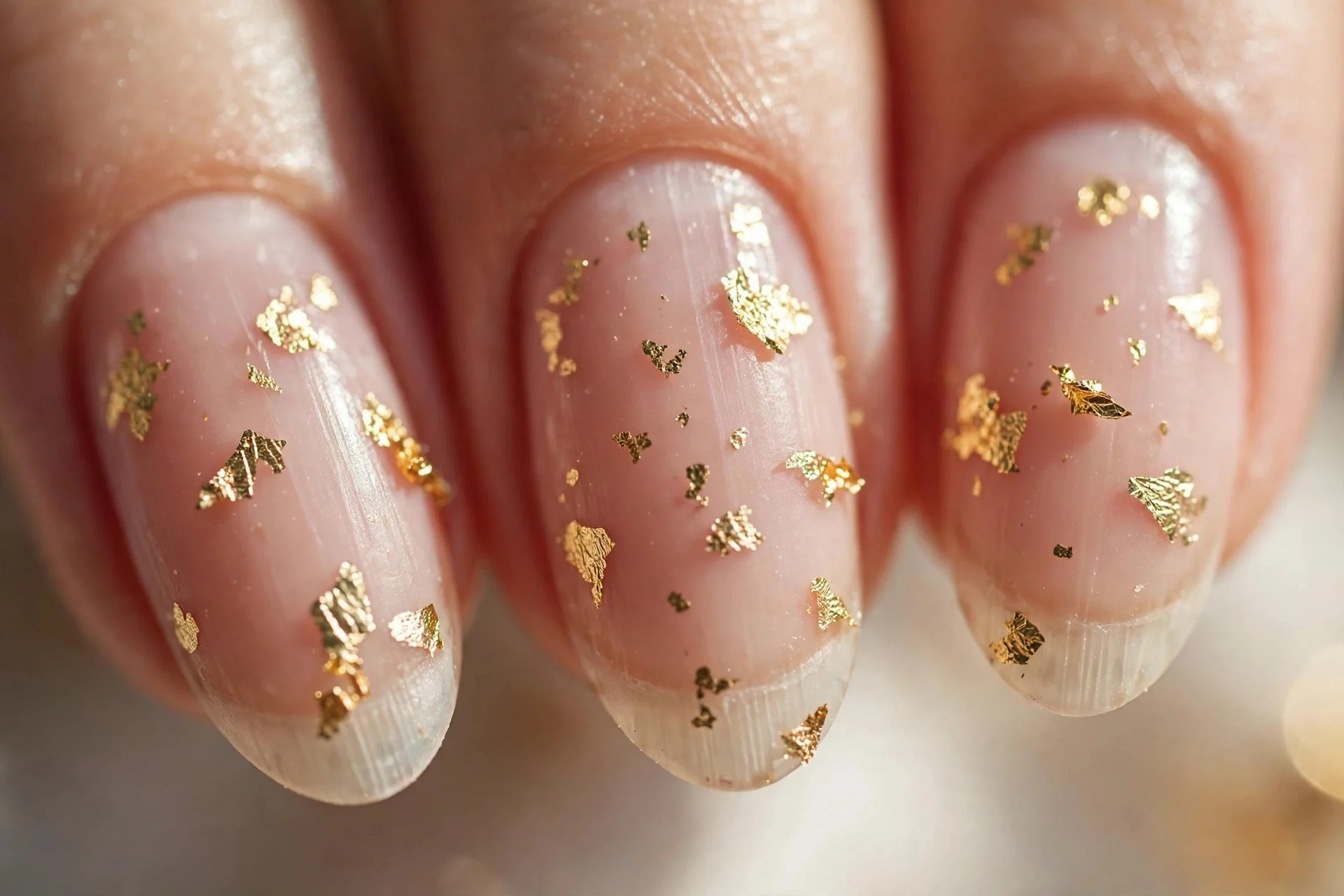 Nude nails with scattered gold foil flakes, almond