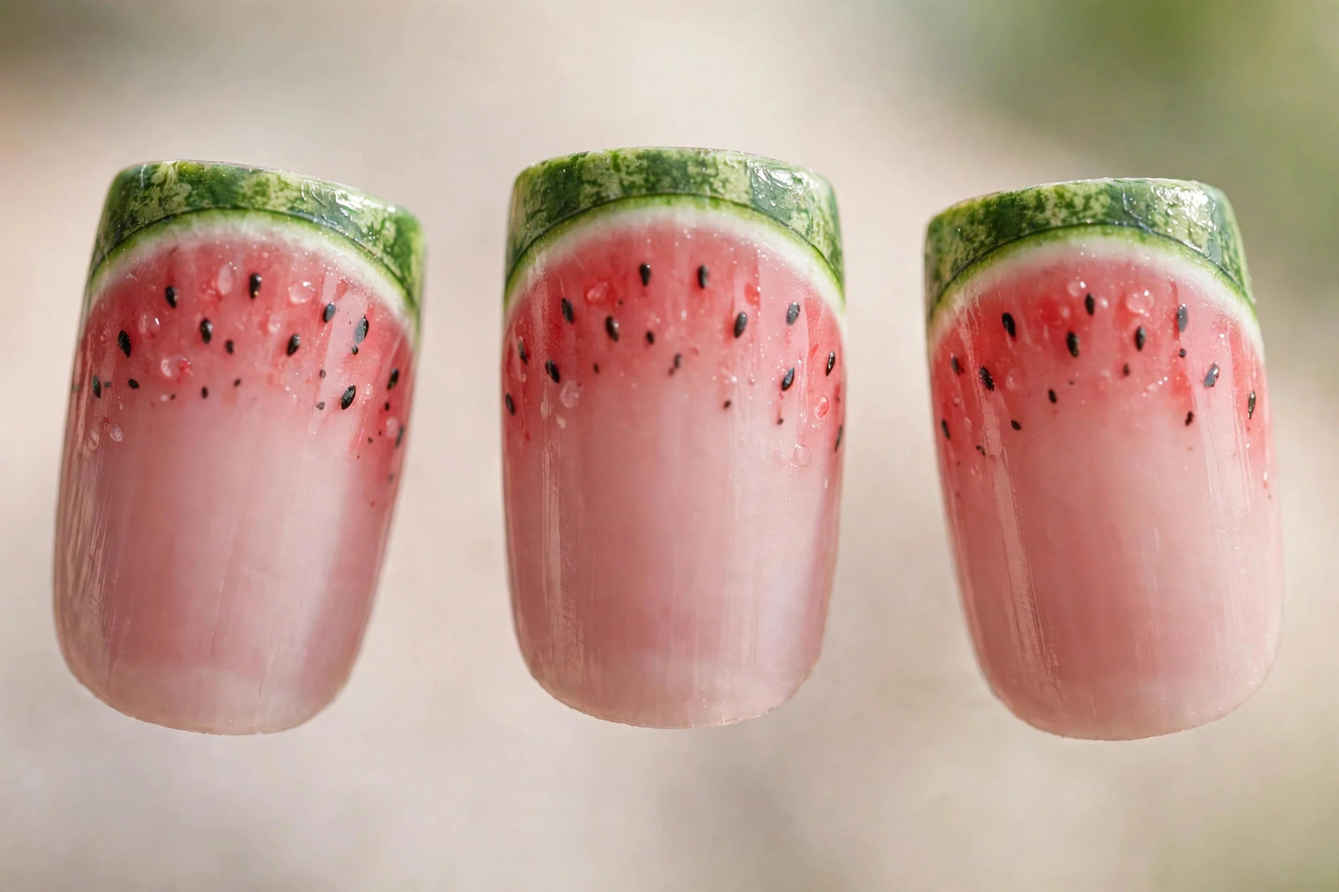 Watermelon French tips with rind stripe and seed dots, square nails