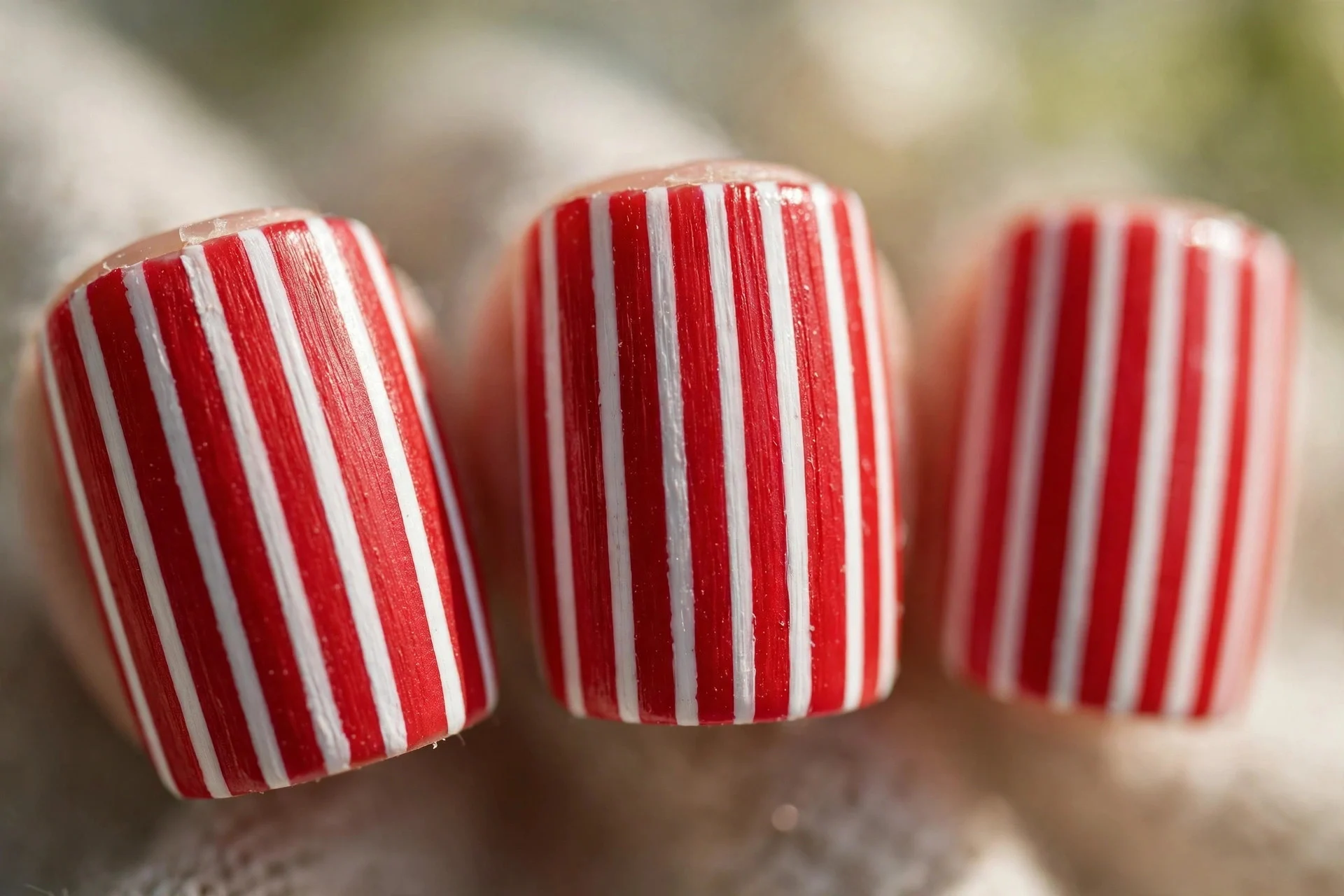 Crisp red and white striped nail art, short square nails