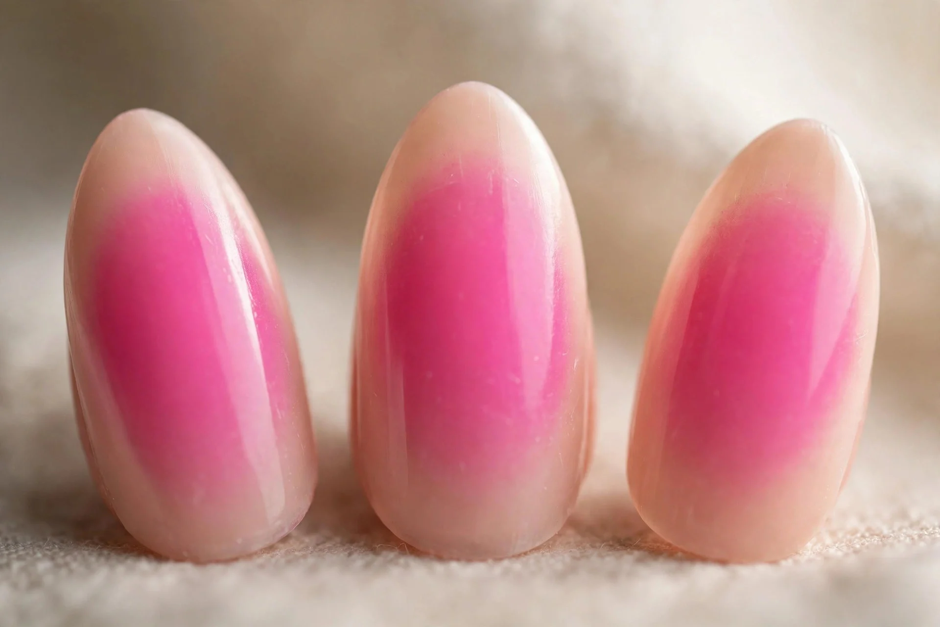 Pink aura airbrush effect on nude base, almond nails