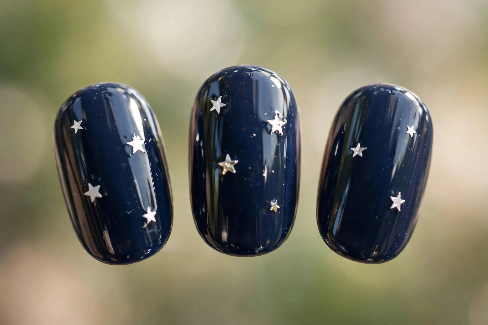 Navy nails with white star decals, sealed glossy, short oval