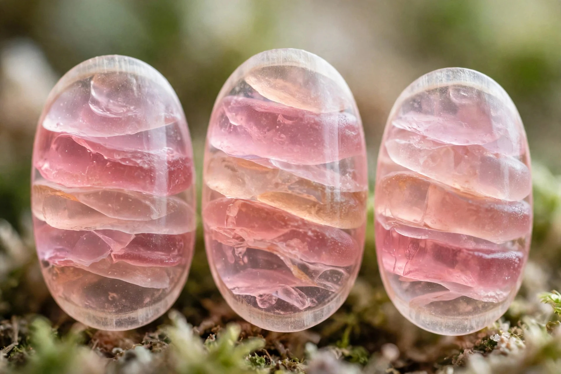 Translucent pink jelly layers like sea glass, oval nails
