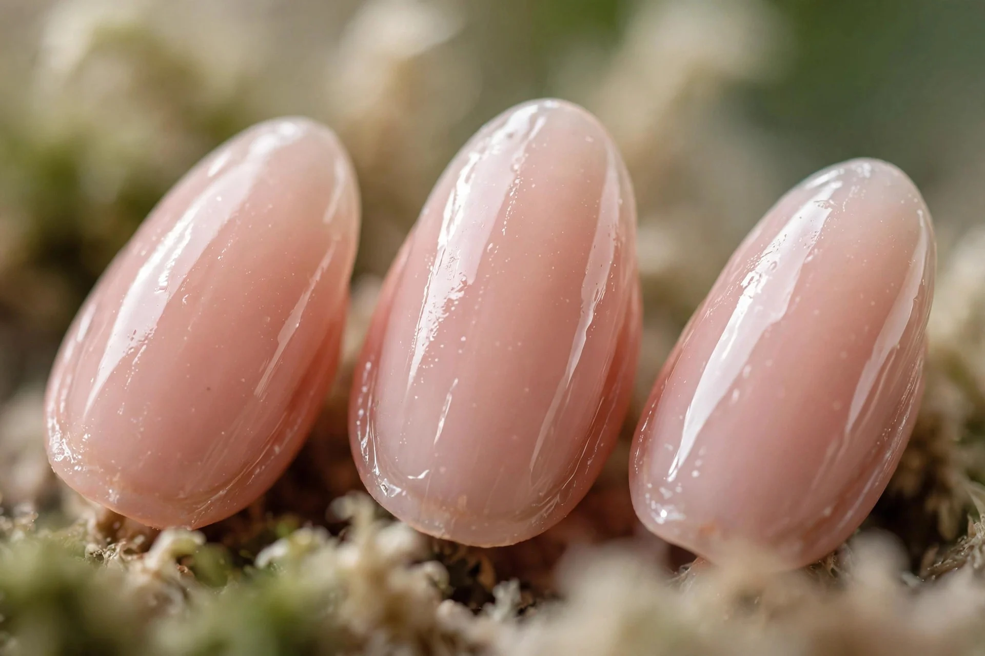 Revived glossy manicure with fresh top coat shine, almond nails