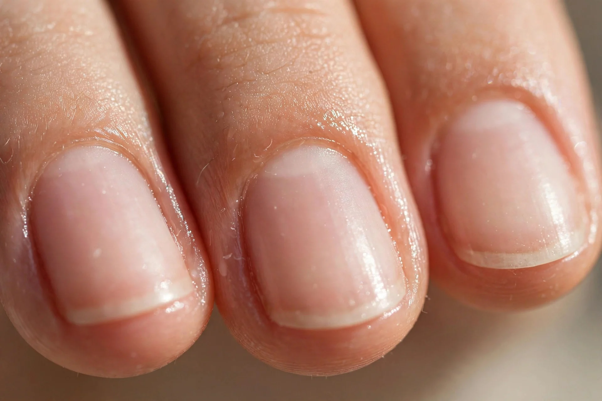 Healthy moisturised cuticles on natural nails, close-up