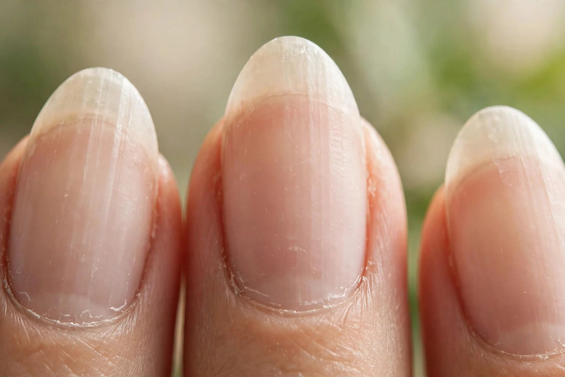 Freshly filed almond nail shape, natural nails
