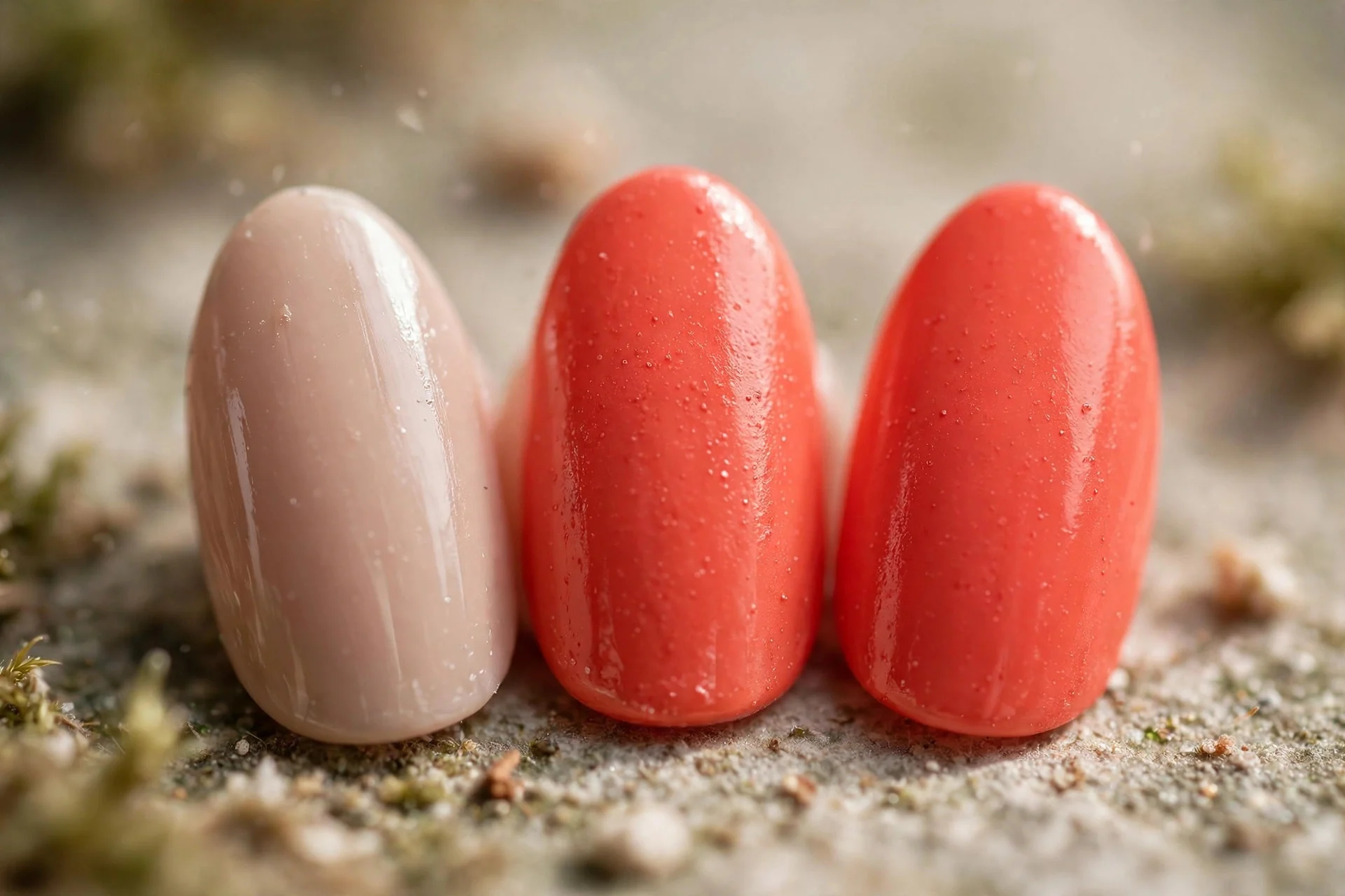 Nude manicure with two contrasting coral accent nails, almond