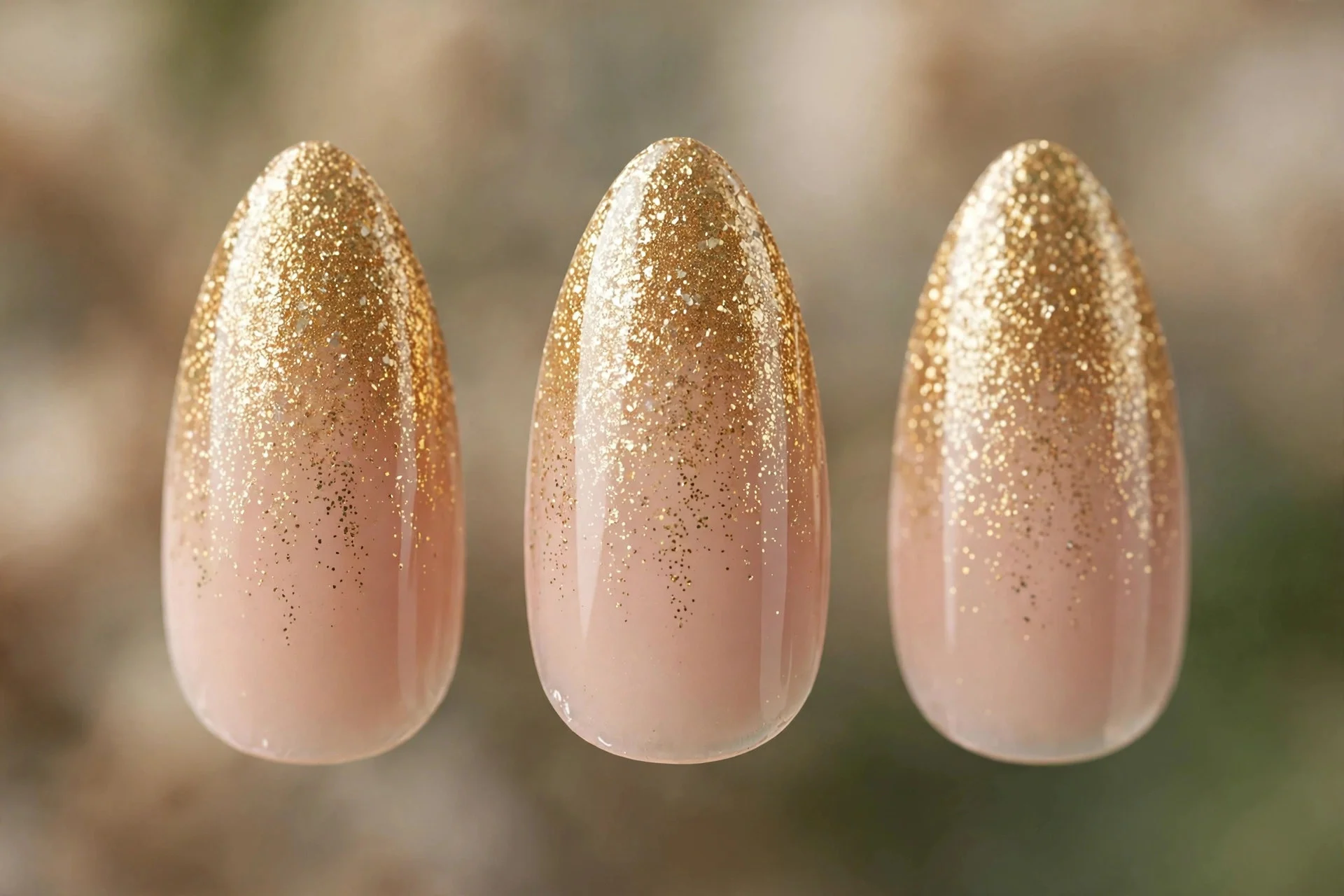 Gold glitter gradient fading over nude tips, almond nails