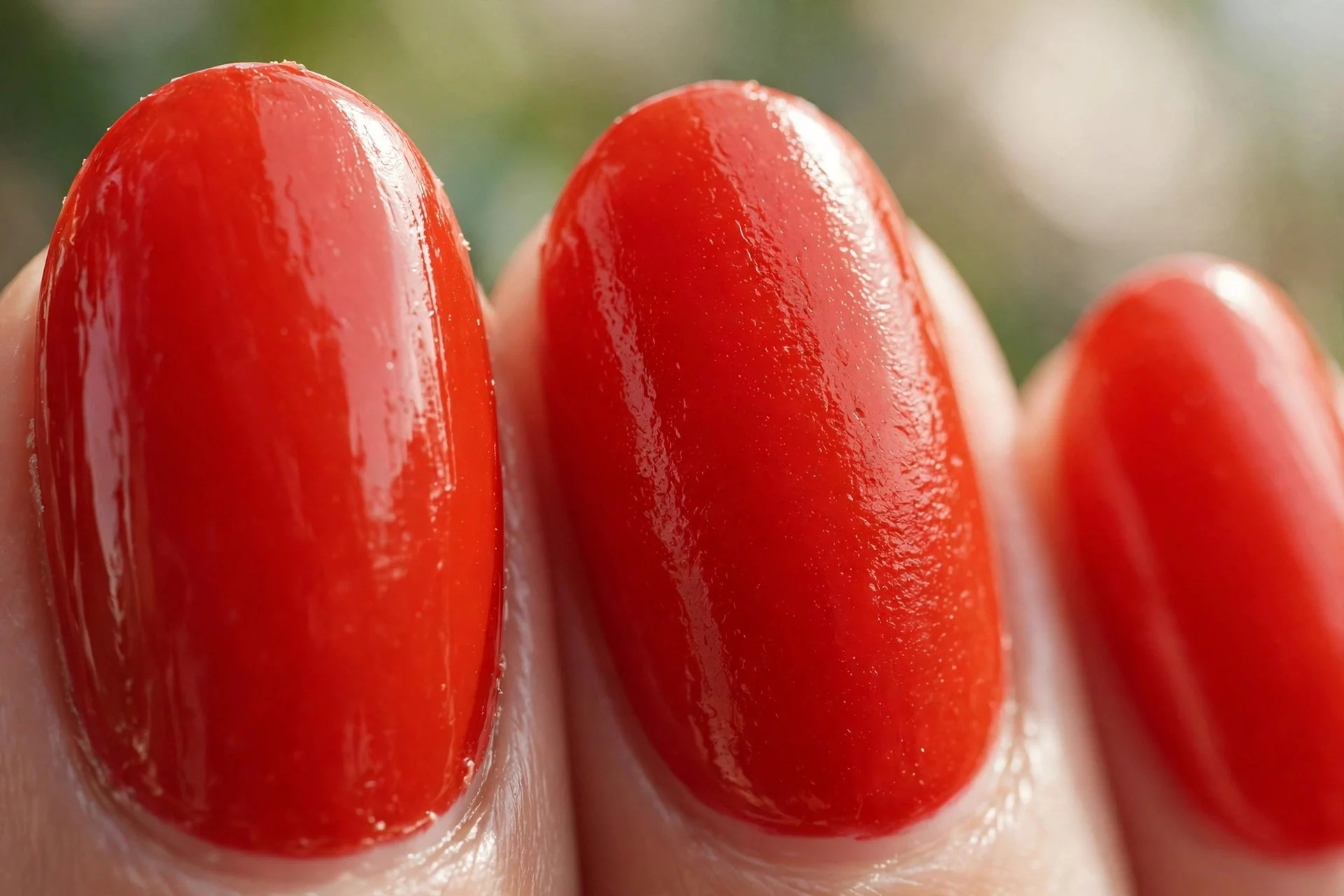 Juicy tomato red polish, oval nails