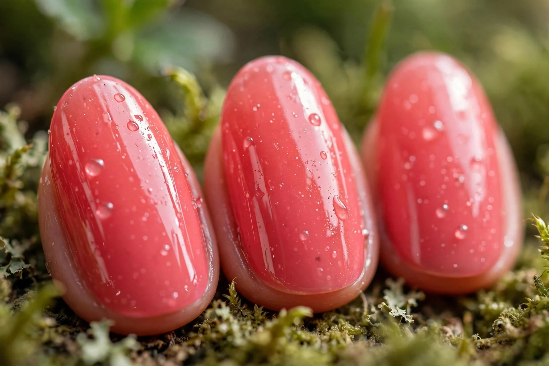 Watermelon pink juicy gloss polish, almond nails