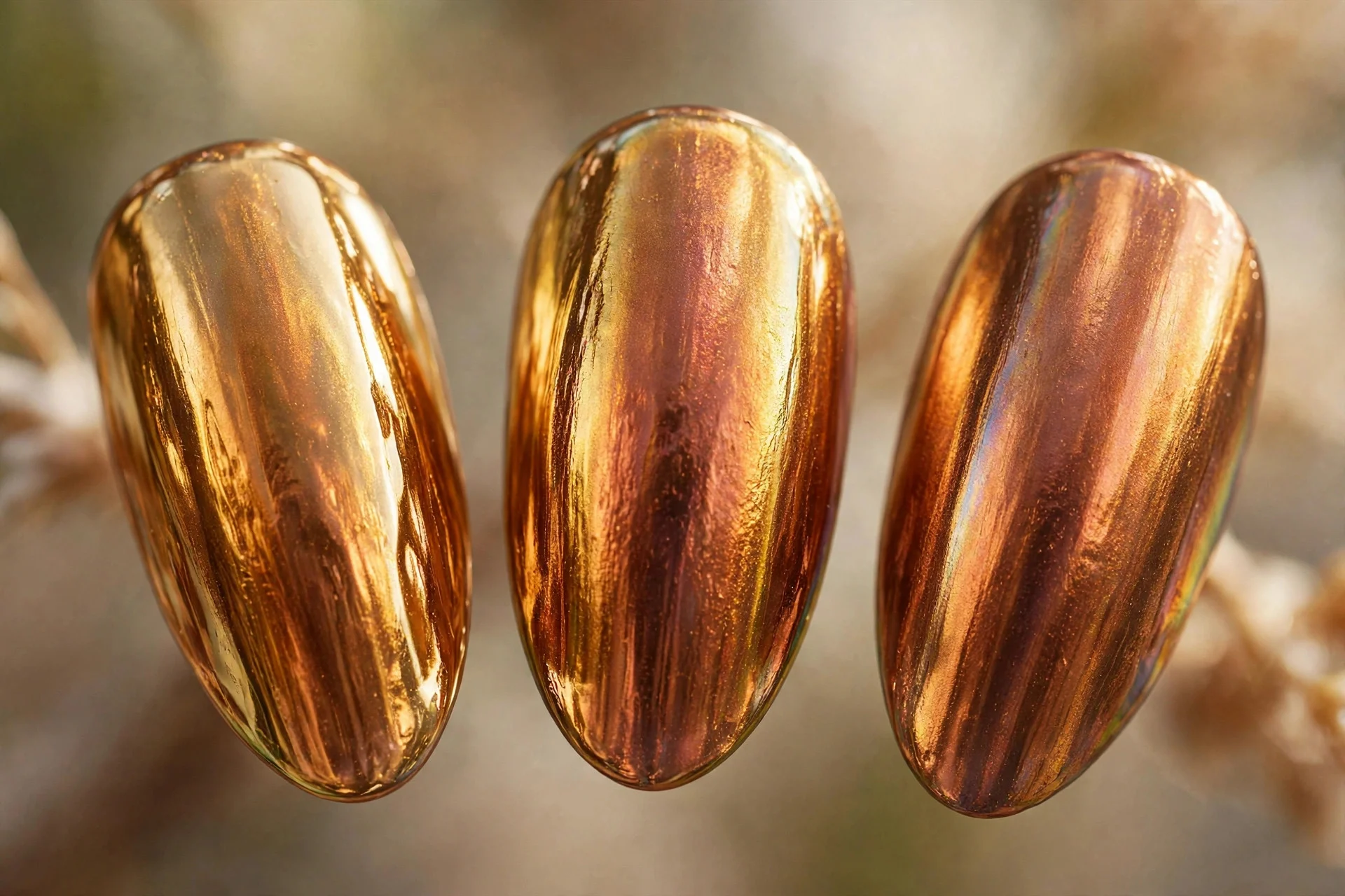 Golden amber shifting chrome, almond nails