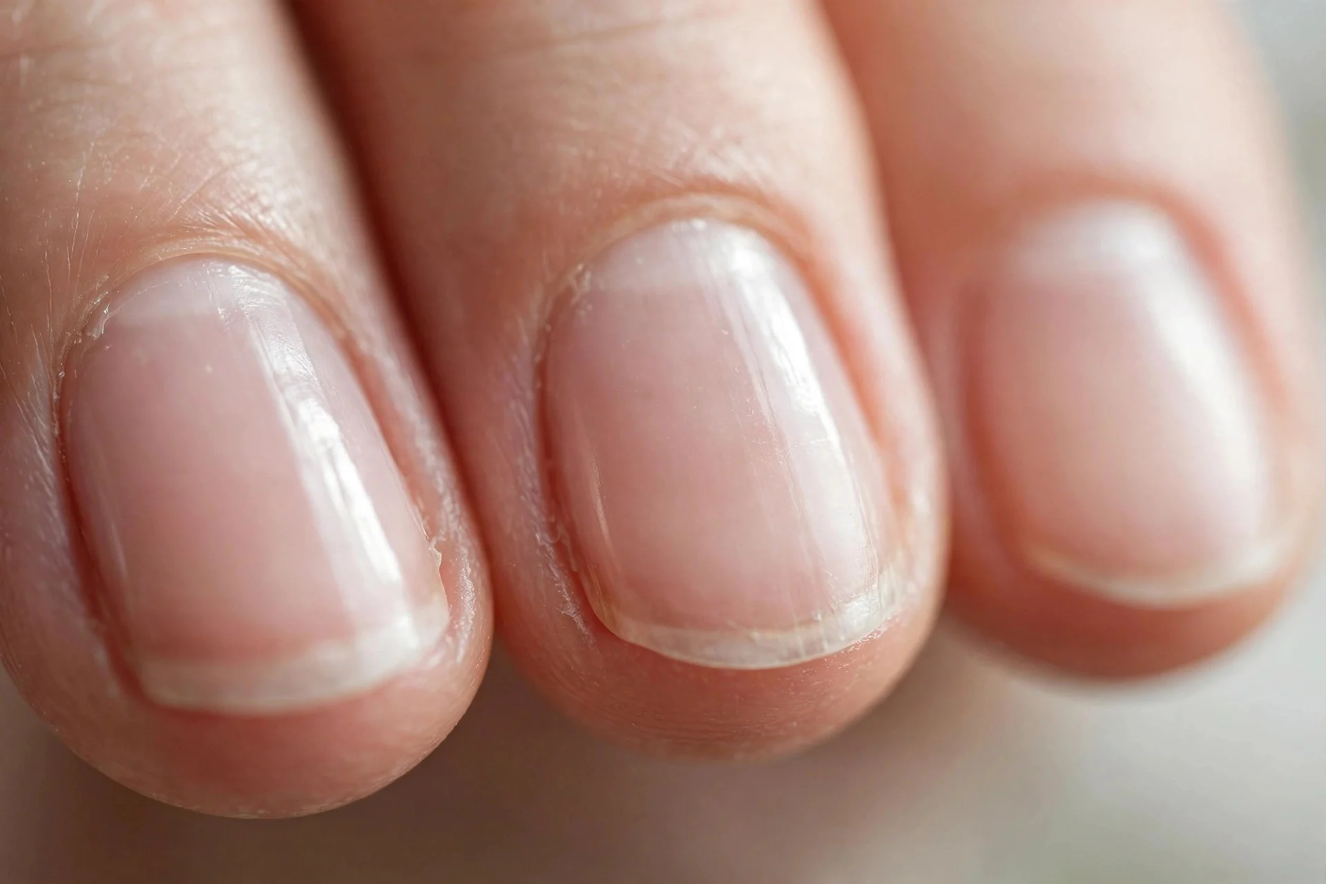 Clear glossy natural nails with neat cuticles, short oval