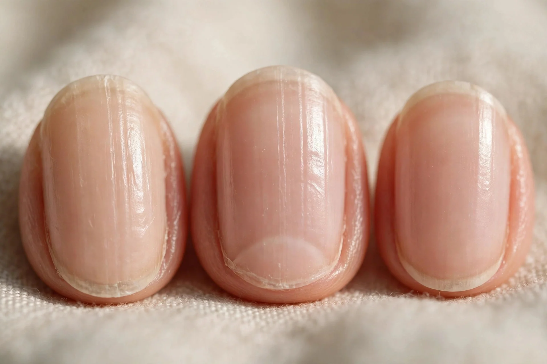 Short buffed natural nails with soft sheen, oval