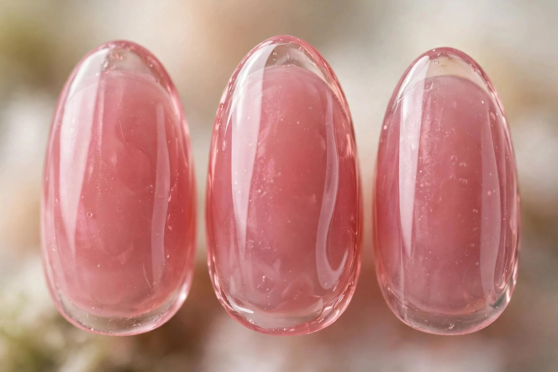 Sheer rose builder gel overlay, medium almond nails