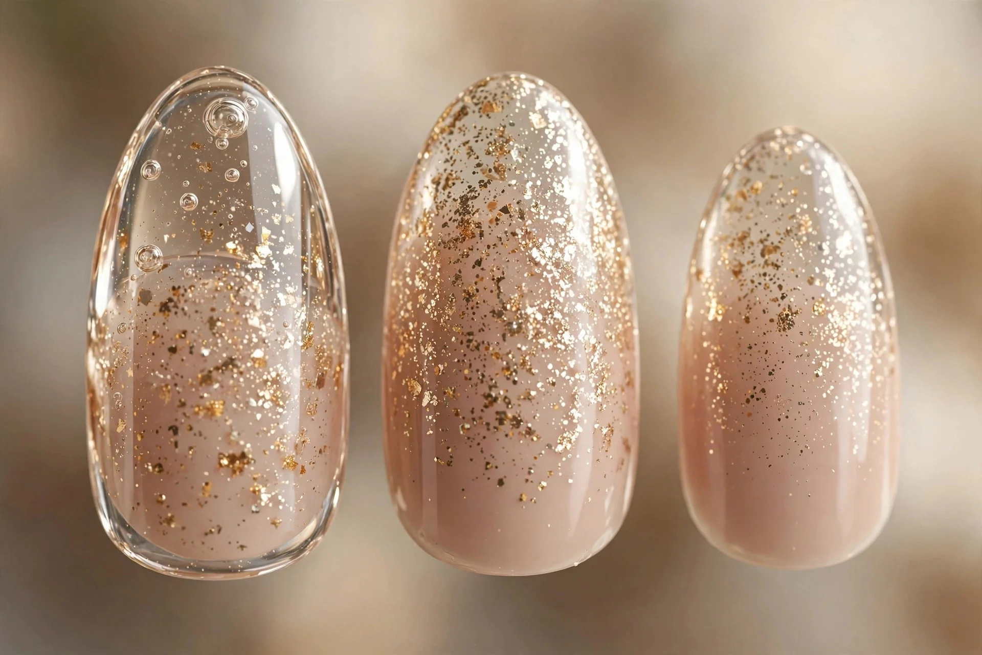 Champagne glitter encapsulated under clear gel, almond nails
