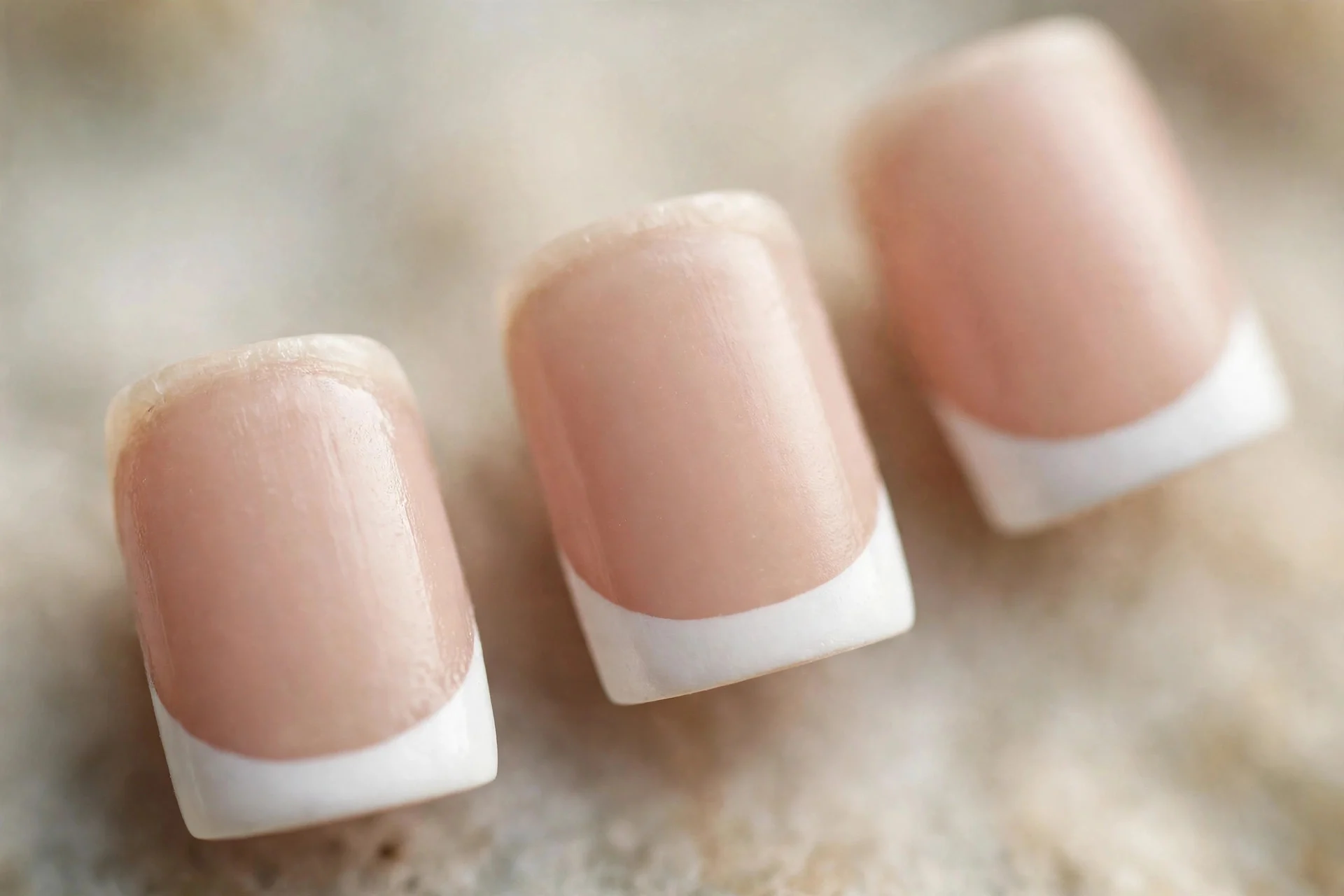 Nude nails with thick white French smile lines, square